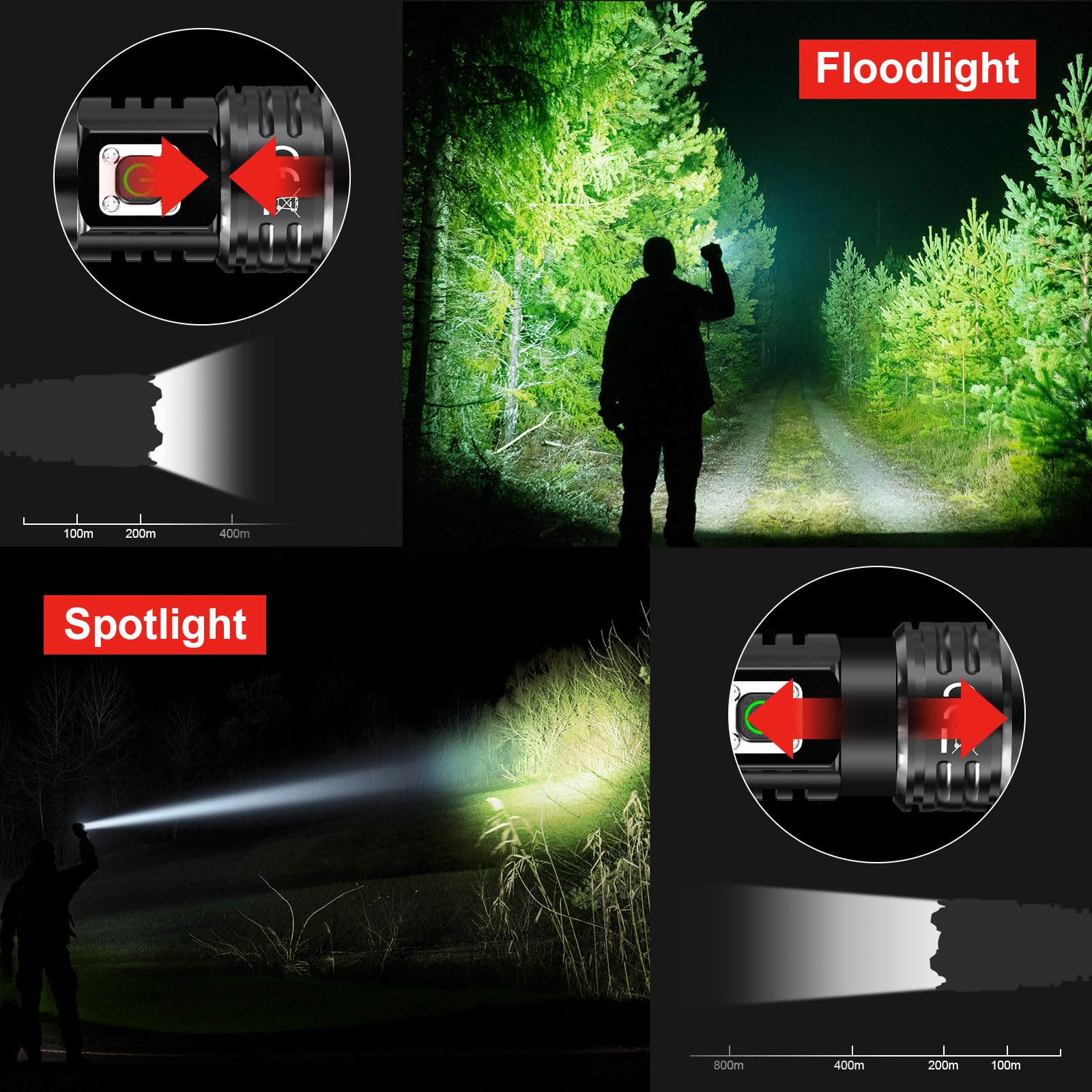 Floodlight and spotlight modes of a flashlight with user in forest setting.