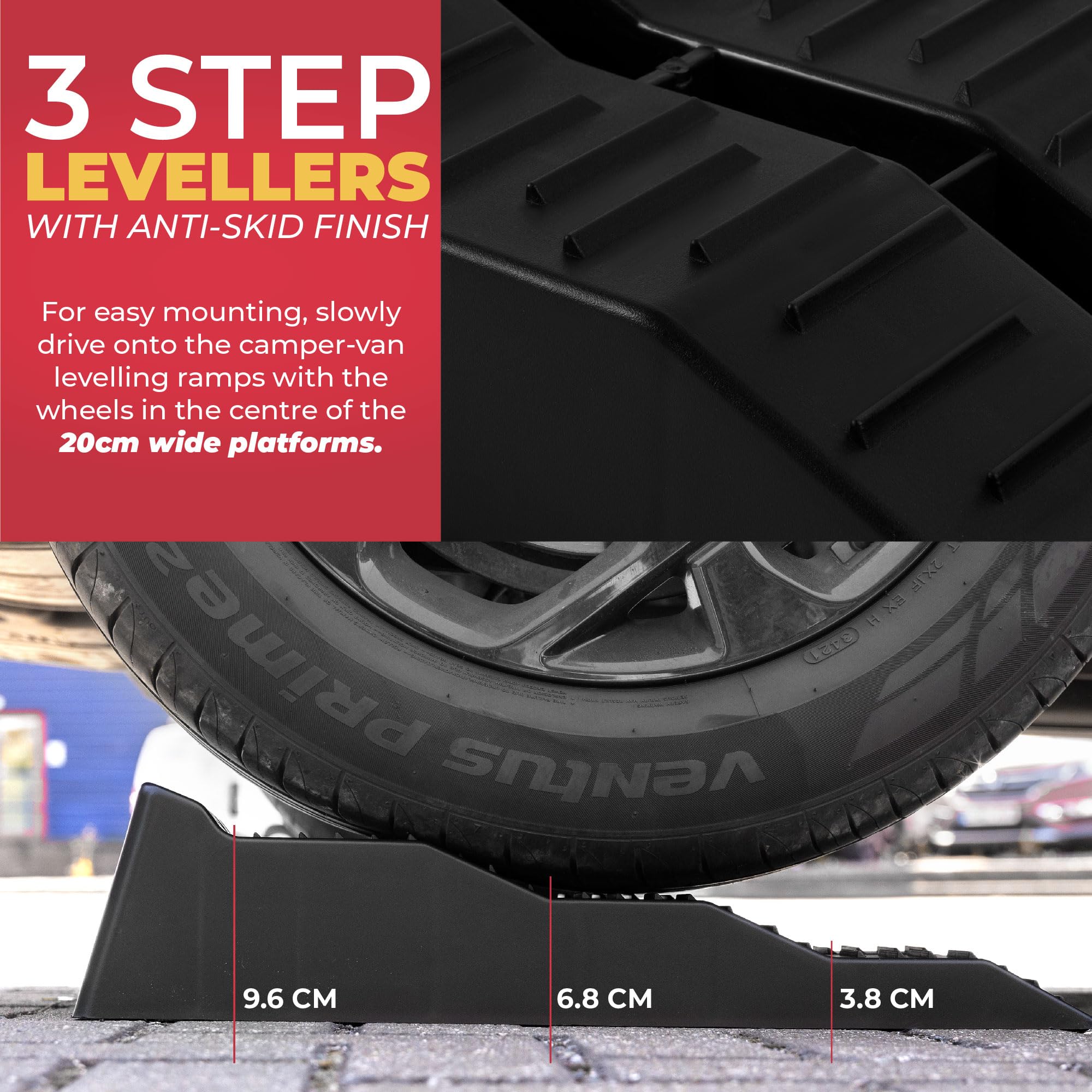 Camper van leveling ramps with anti-skid finish and measurement details.