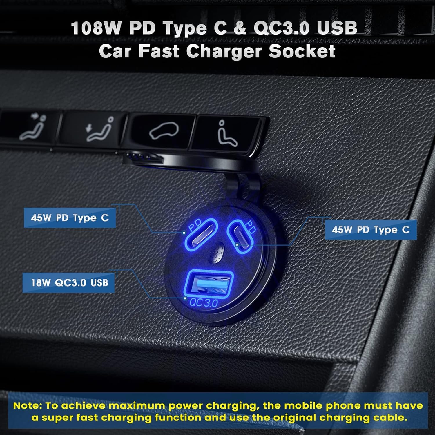 Car fast charger socket with multiple USB ports on a car dashboard.