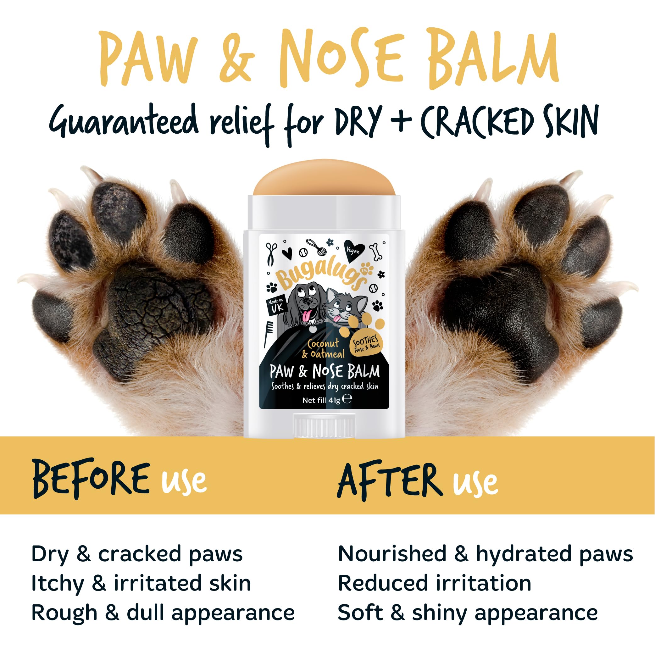 Pugnal Paw & Nose Balm packaging with before and after effects on dog paws.