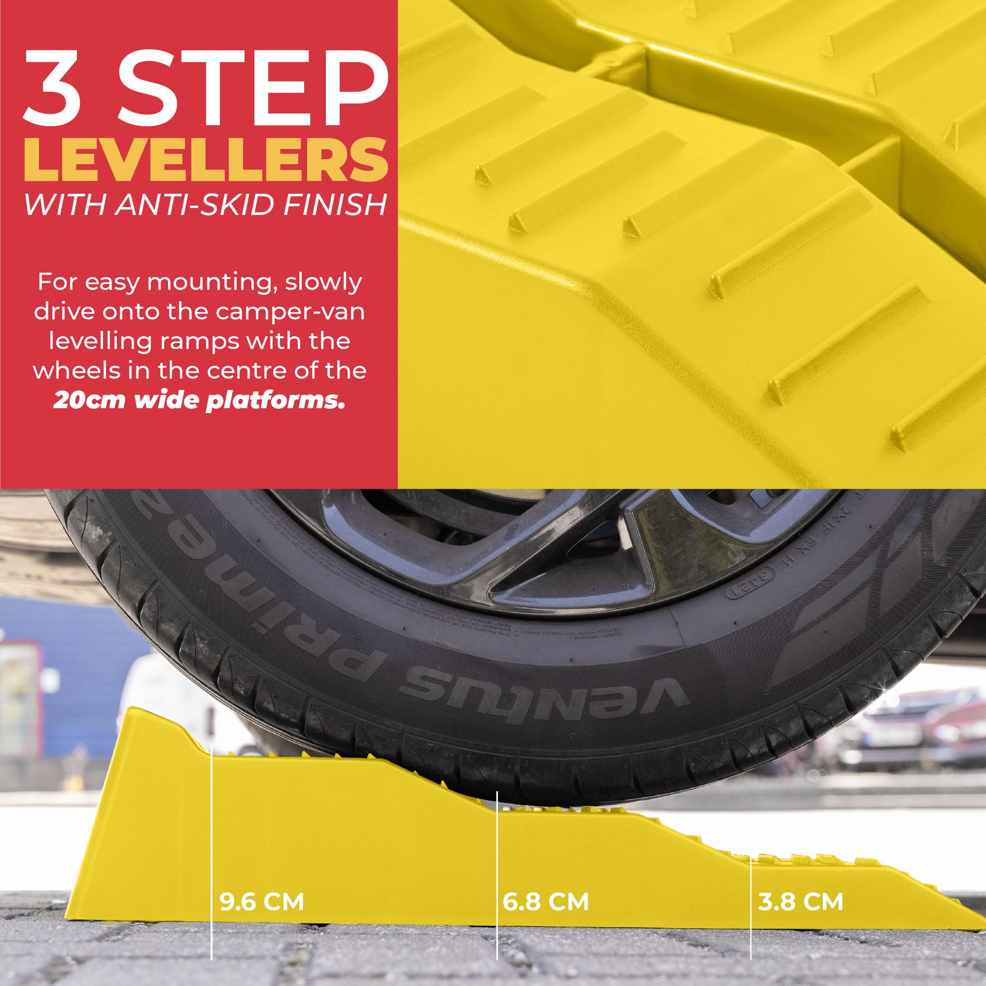 Yellow leveling ramps with a tire on top, showing measurement details, and text about step levellers.