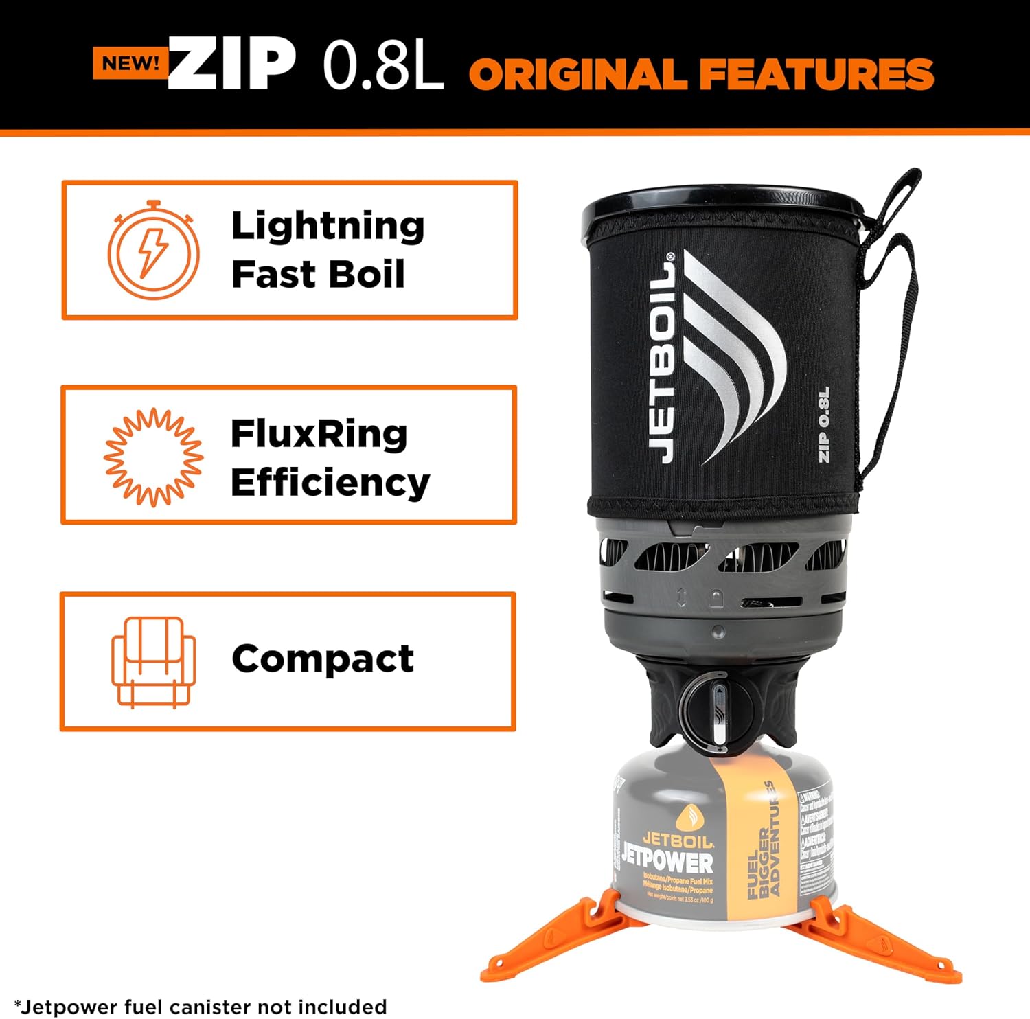 Jetboil ZIP 0.8L camping stove with features listed on a white background