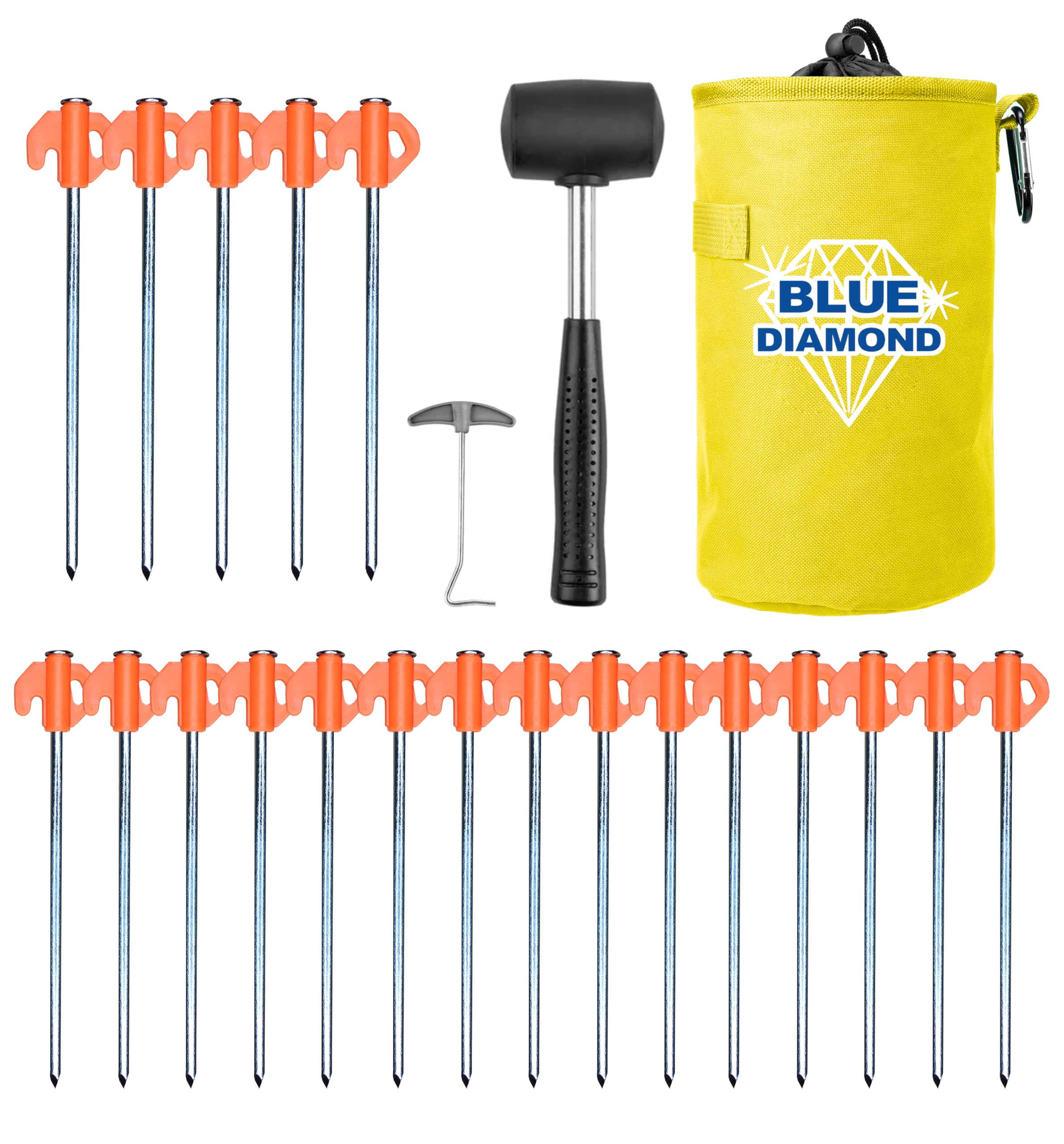 Set of tent stakes with a hammer and yellow carrying case labeled 'Blue Diamond' on a white background.