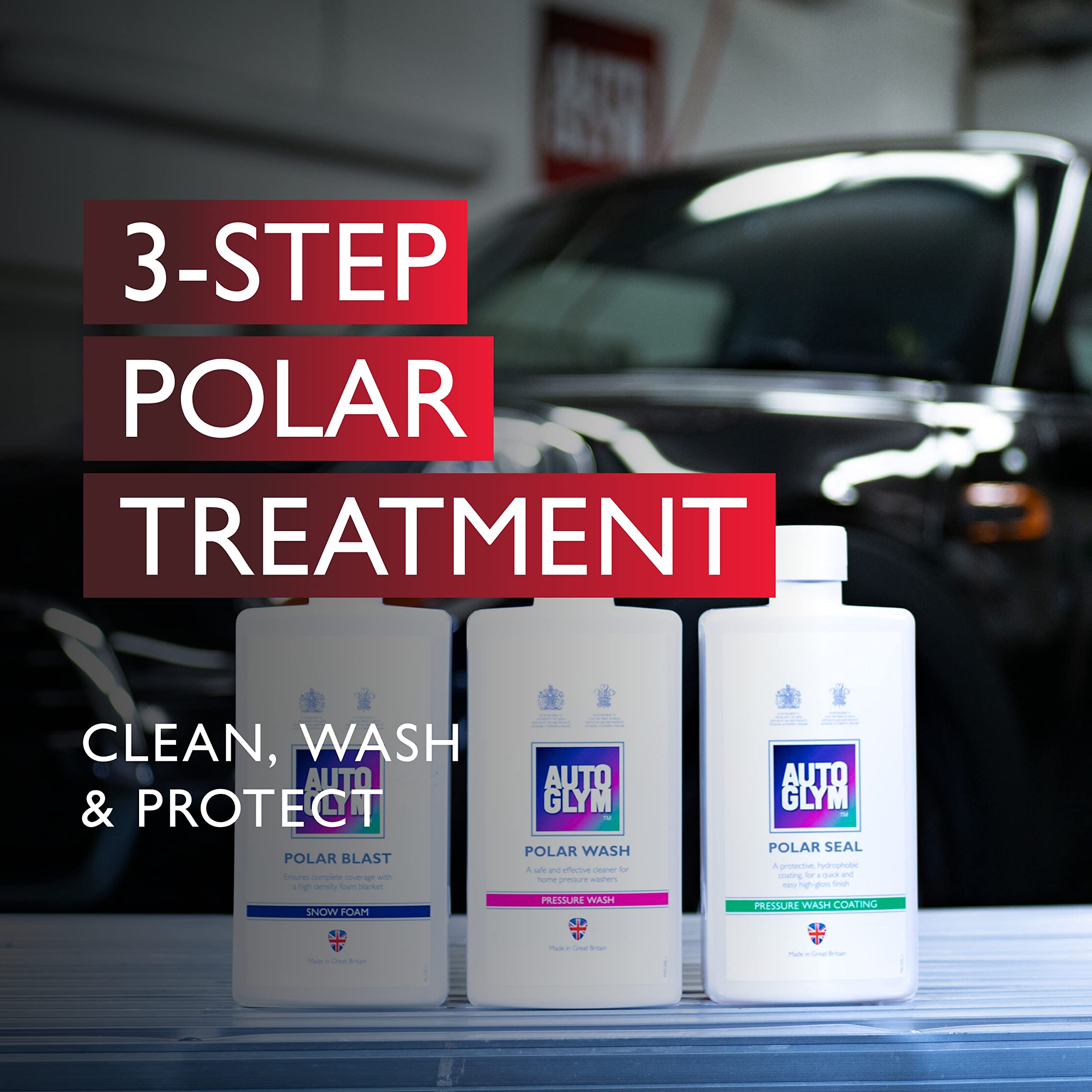 Three bottles of Auto Glym Polar treatment products with a car in the background.