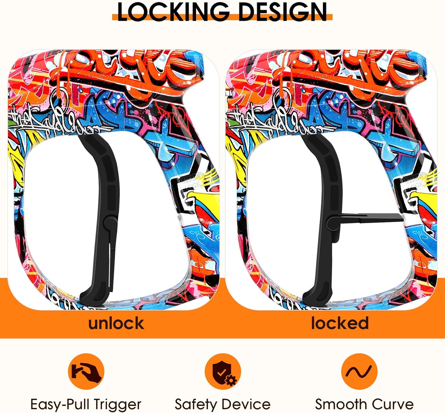Colorful lock mechanism with 'unlock' and 'locked' labels, featuring an easy-pull trigger, safety device, and smooth curve.