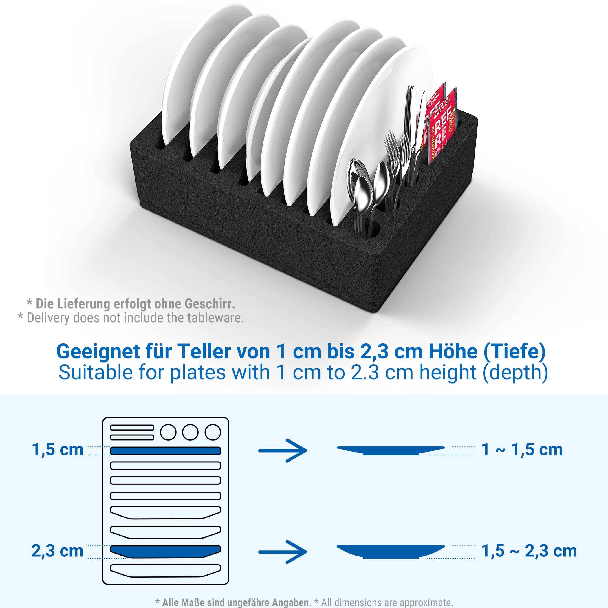 Black plate rack with white plates and silverware, labeled suitable for plates with a depth of 1 cm to 2.3 cm.