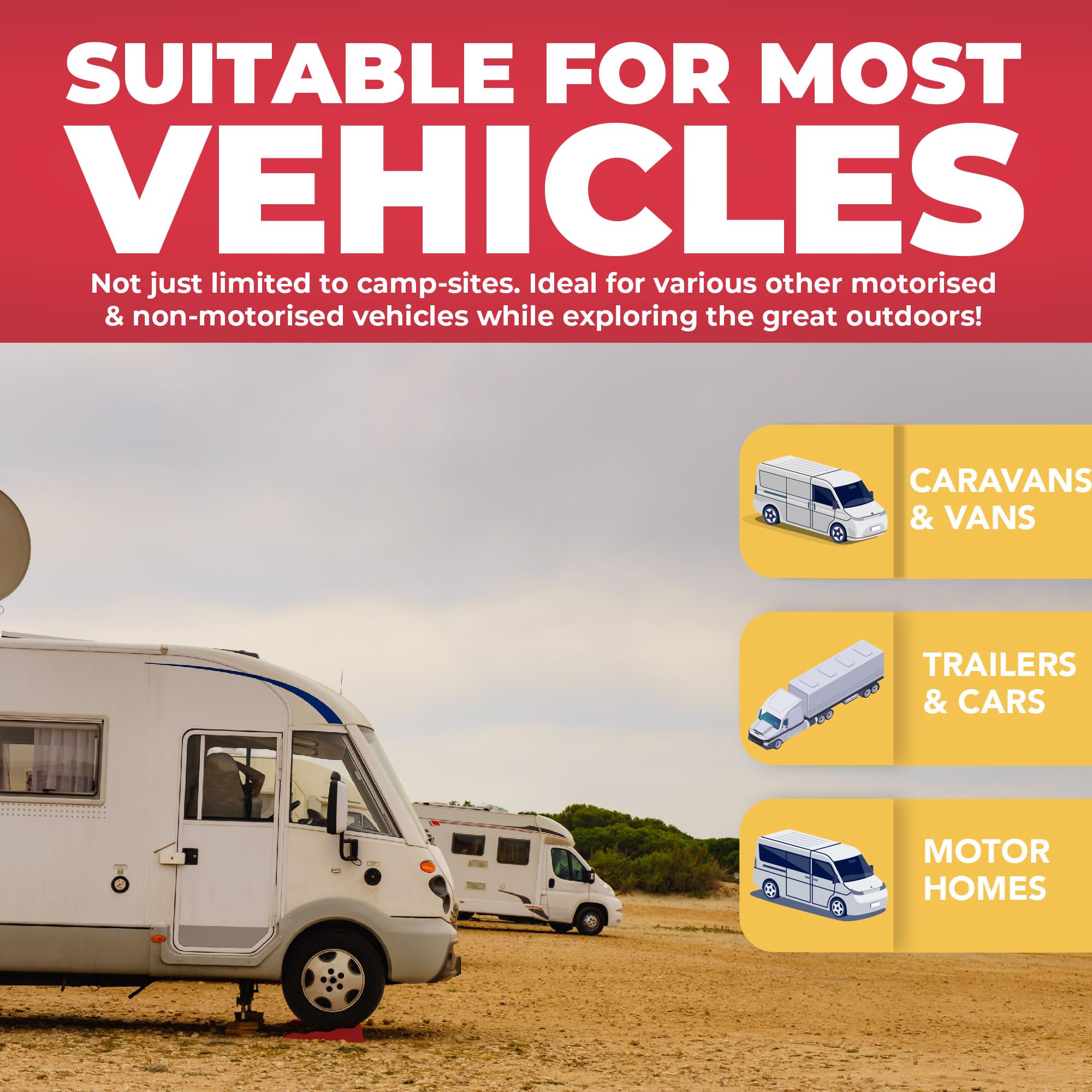 Advertisement for a product suitable for various vehicles with images of campers and text on a red background.