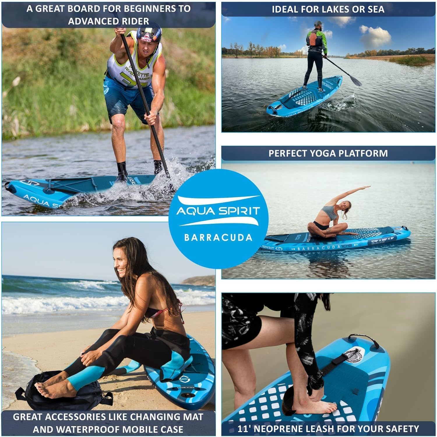 Promotional collage of Aqua Spirit Barracuda paddle board with various uses and features.
