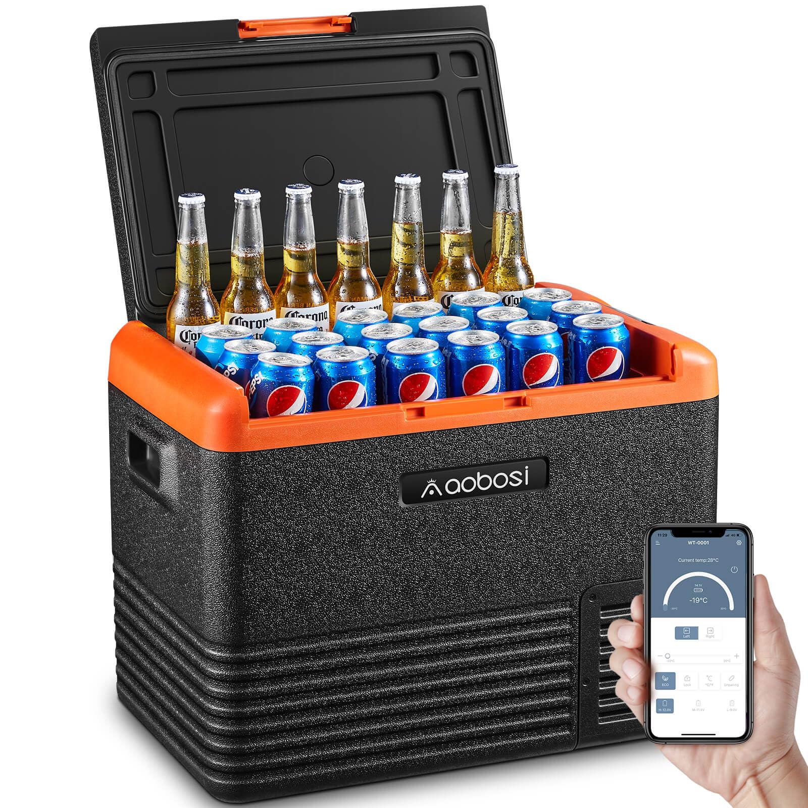 Portable cooler with drinks and a smartphone app on a white background