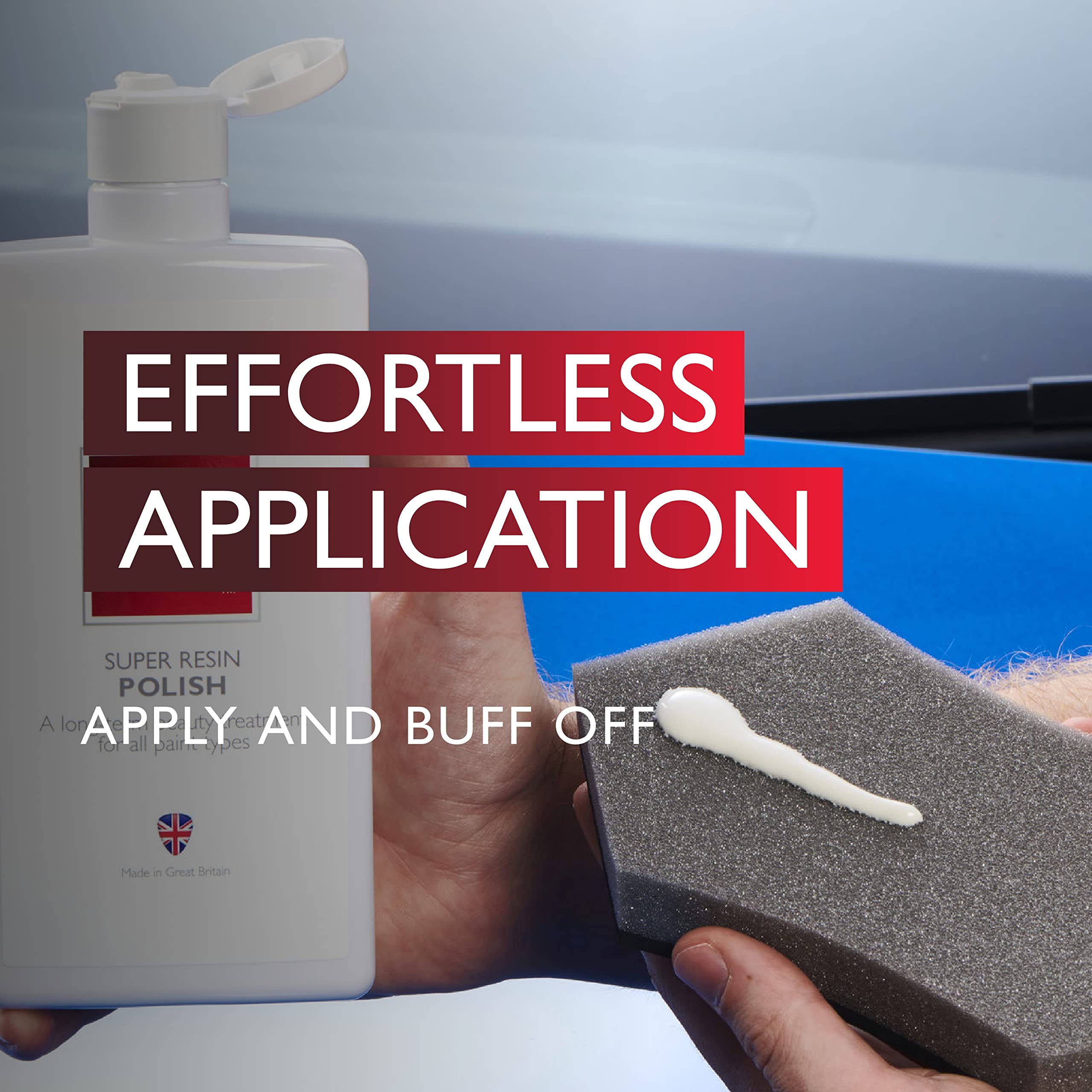 Super resin polish bottle with a sponge and text 'Effortless Application' on a blurred background