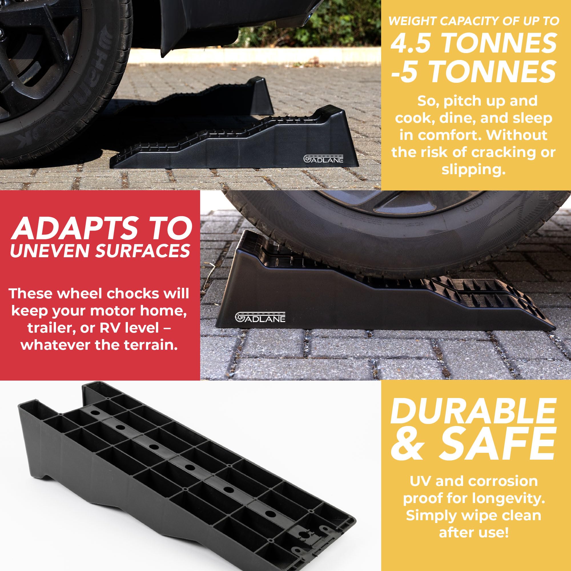 Wheel chocks with text highlighting weight capacity, adaptability to uneven surfaces, durability, and safety on a white background.