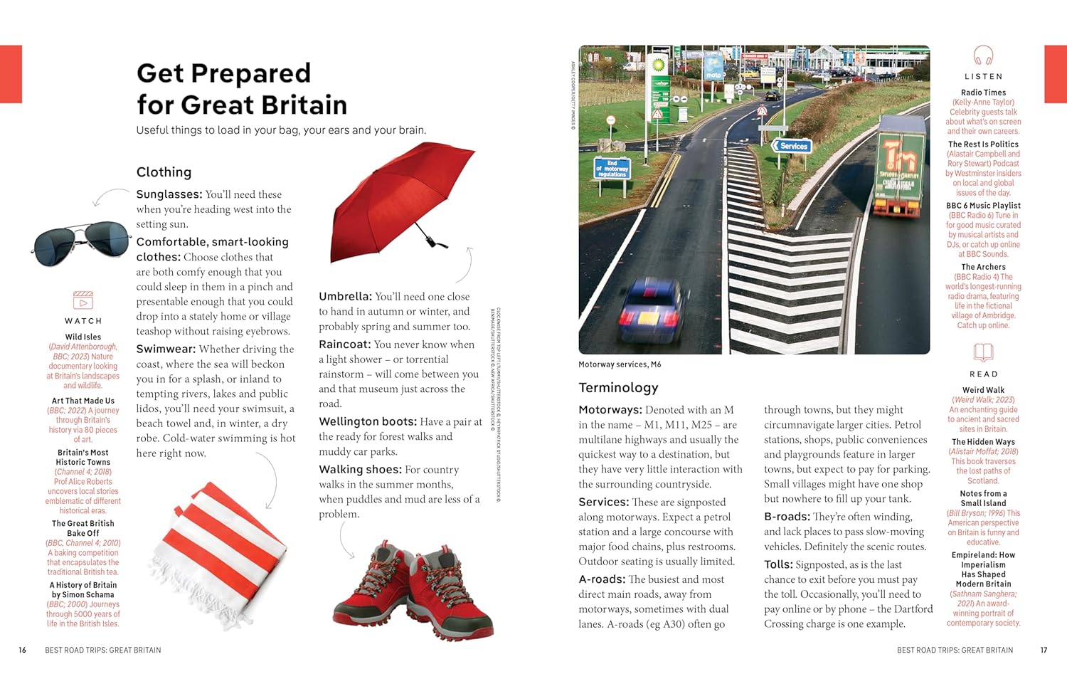 Page from a travel guidebook showing a road with traffic signs, red shoes, sunglasses, and an umbrella.