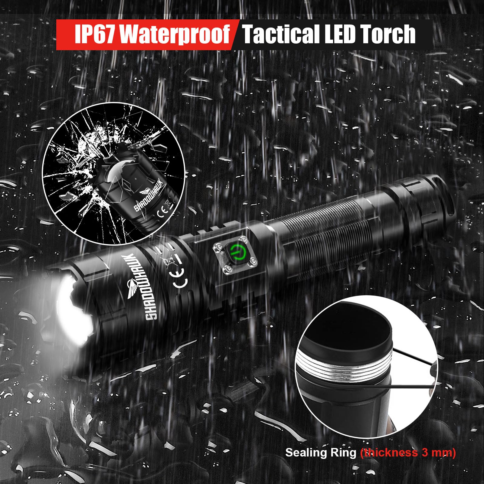 Tactical LED torch with raindrop effects and close-up details on a dark background