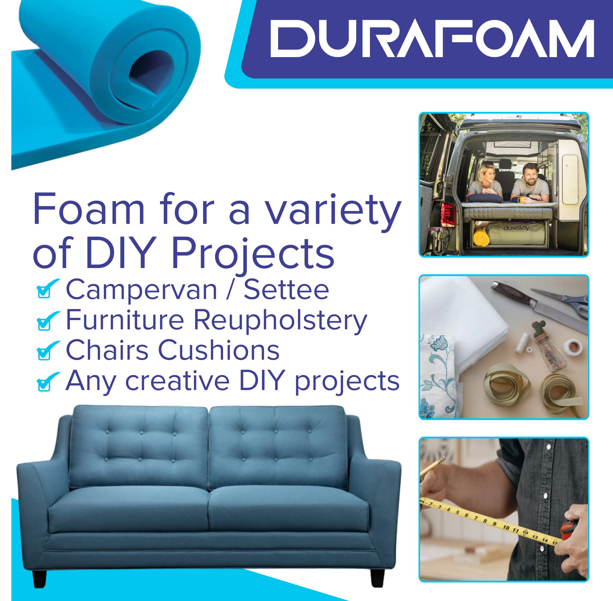 Durafoam foam roll with blue sofa and DIY project images on a white background