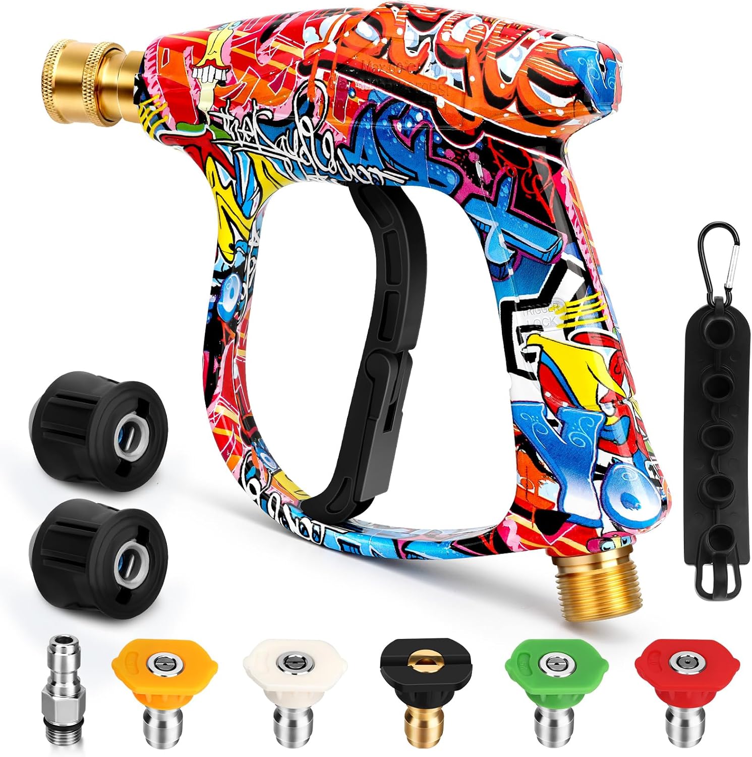 Colorful spray gun with multiple nozzles on a white background