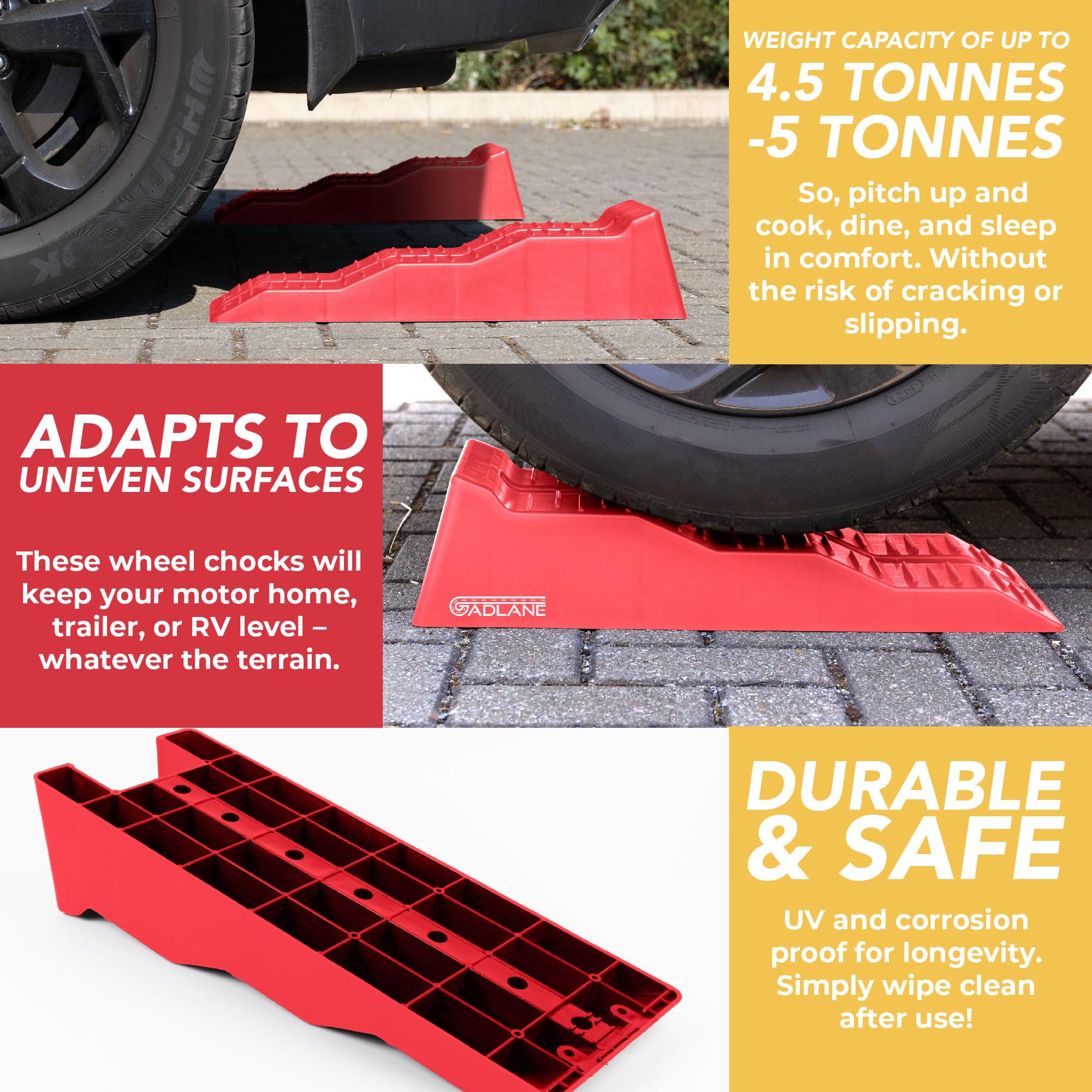 Red wheel chocks on a car tire with text highlighting features and benefits.