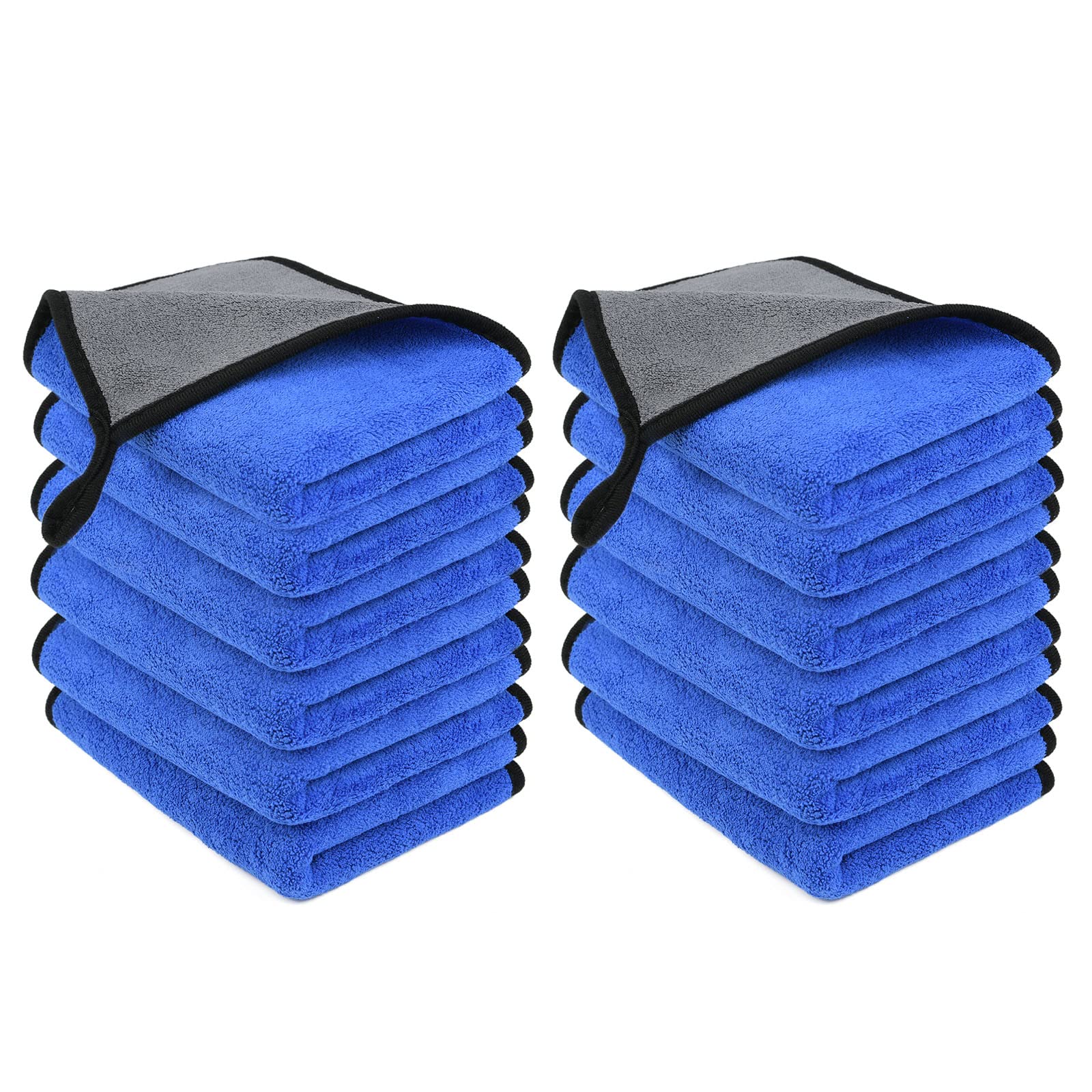 Two stacks of blue microfiber towels with black edges on a white background