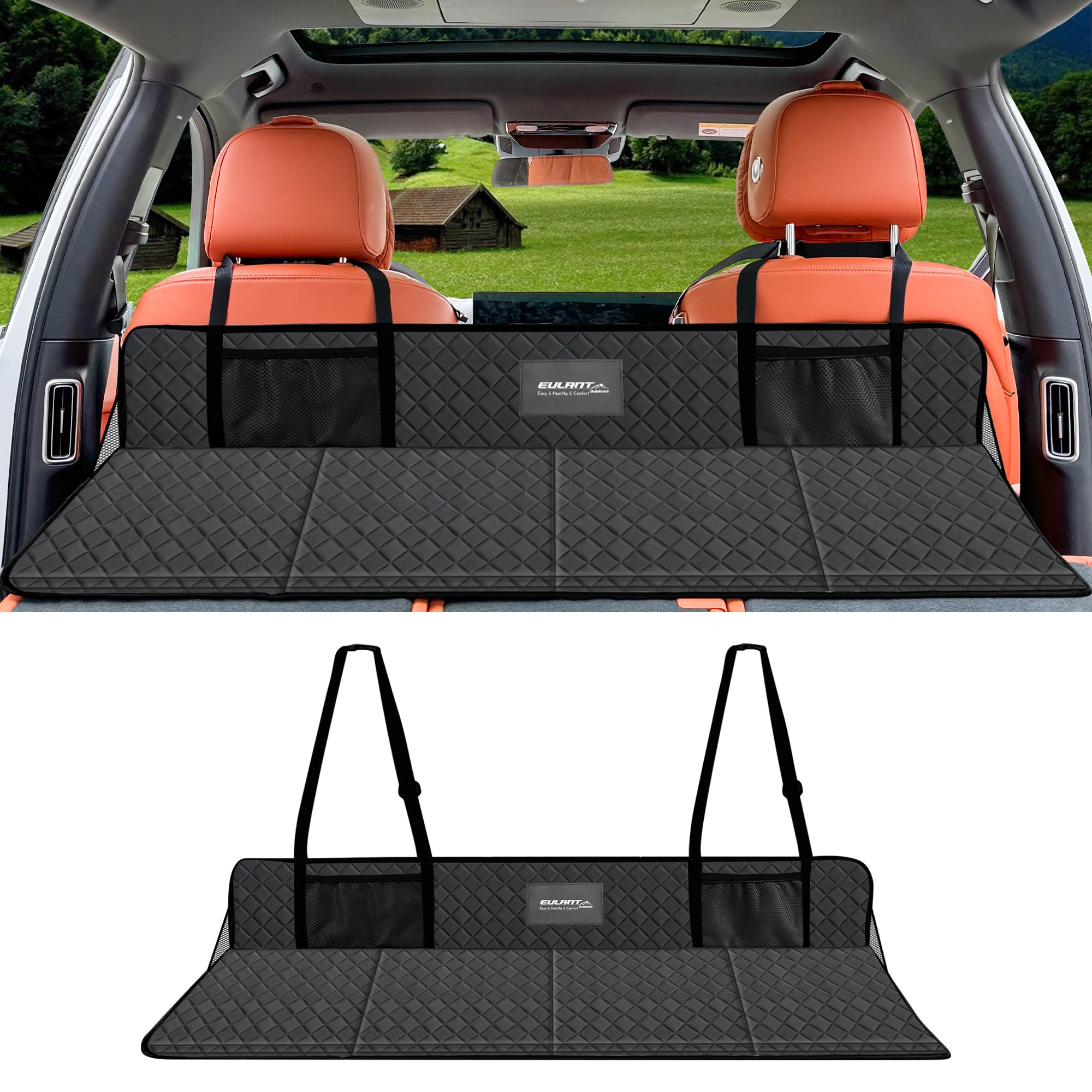 Car cargo liner with quilted design and brand logo, shown in a vehicle and on a white background.