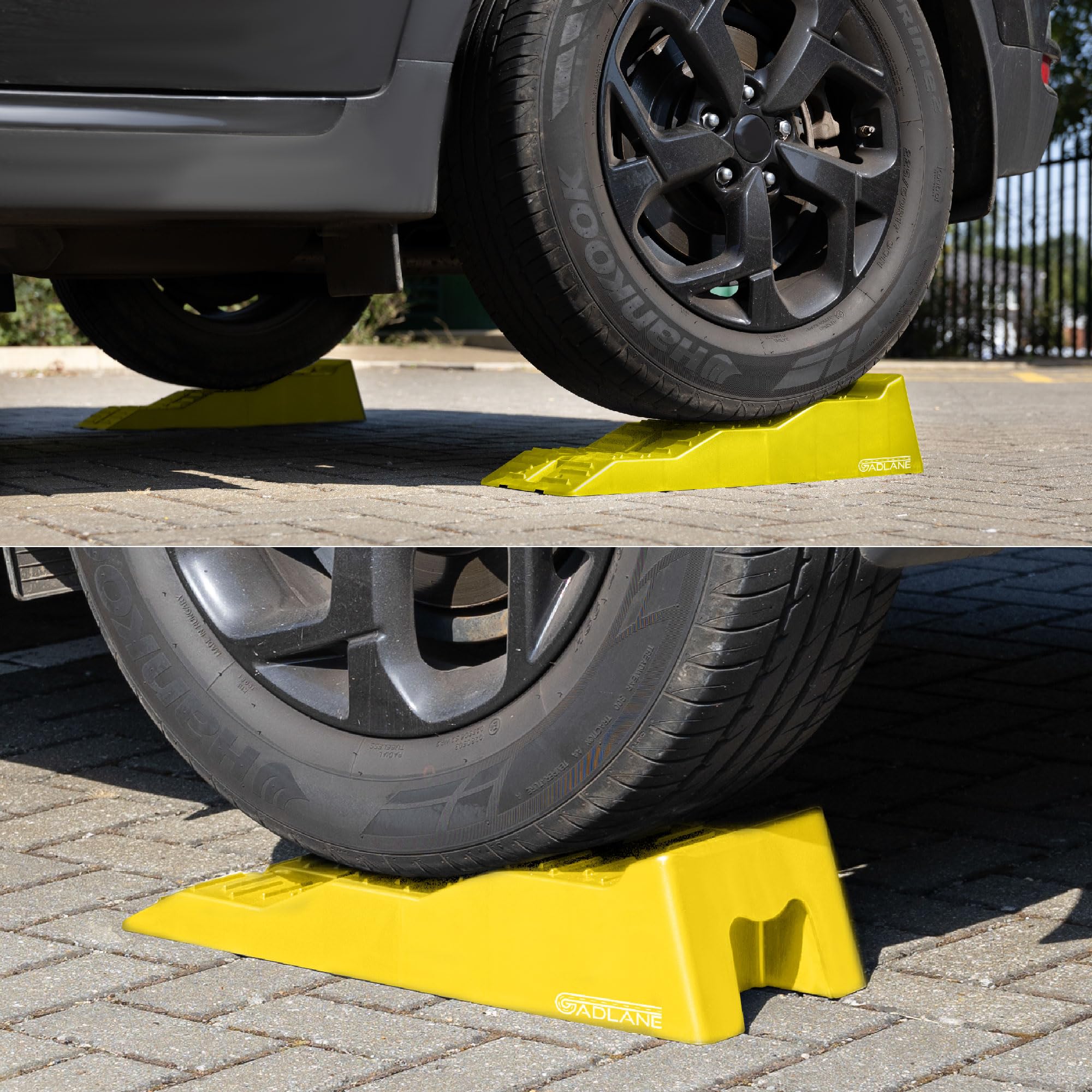 Car using a yellow leveling block on a driveway