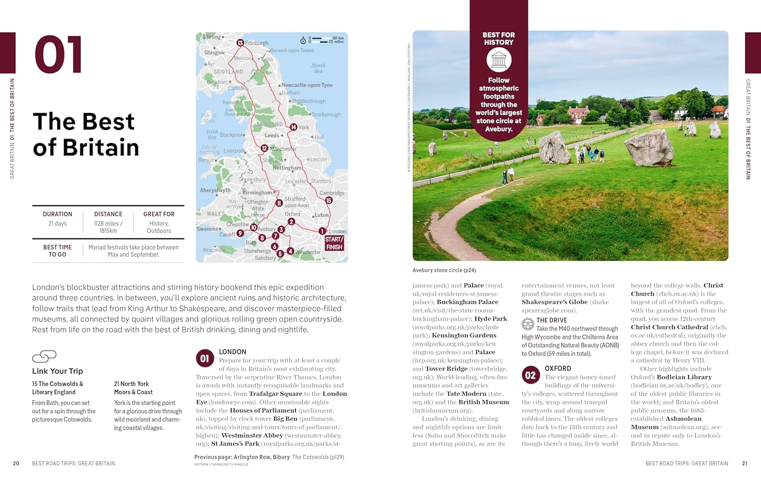 Travel guide page featuring a map and photograph of Stonehenge, with text about the best of Britain.