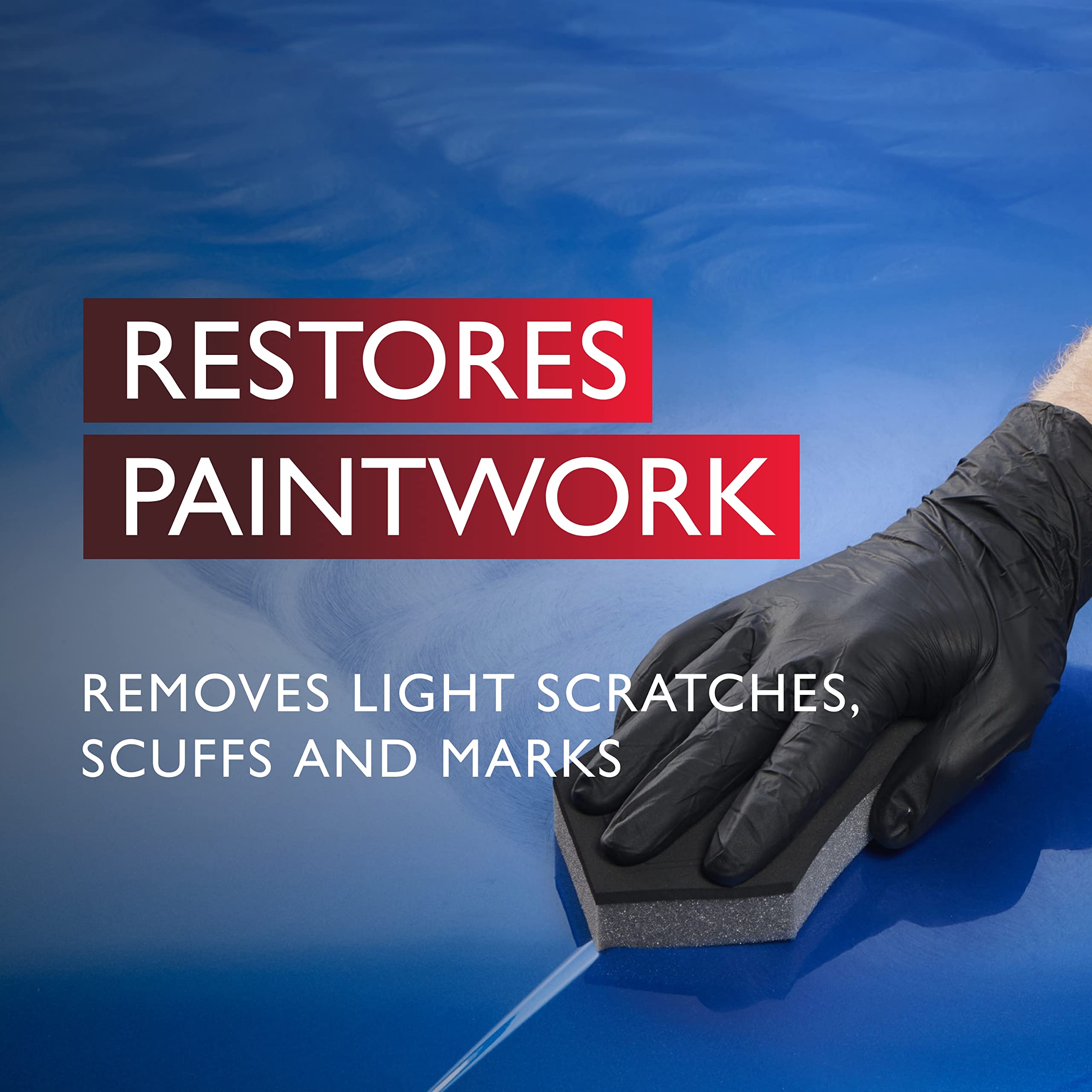 Hand wearing a black glove using a sanding block on blue paintwork with text about paint restoration.