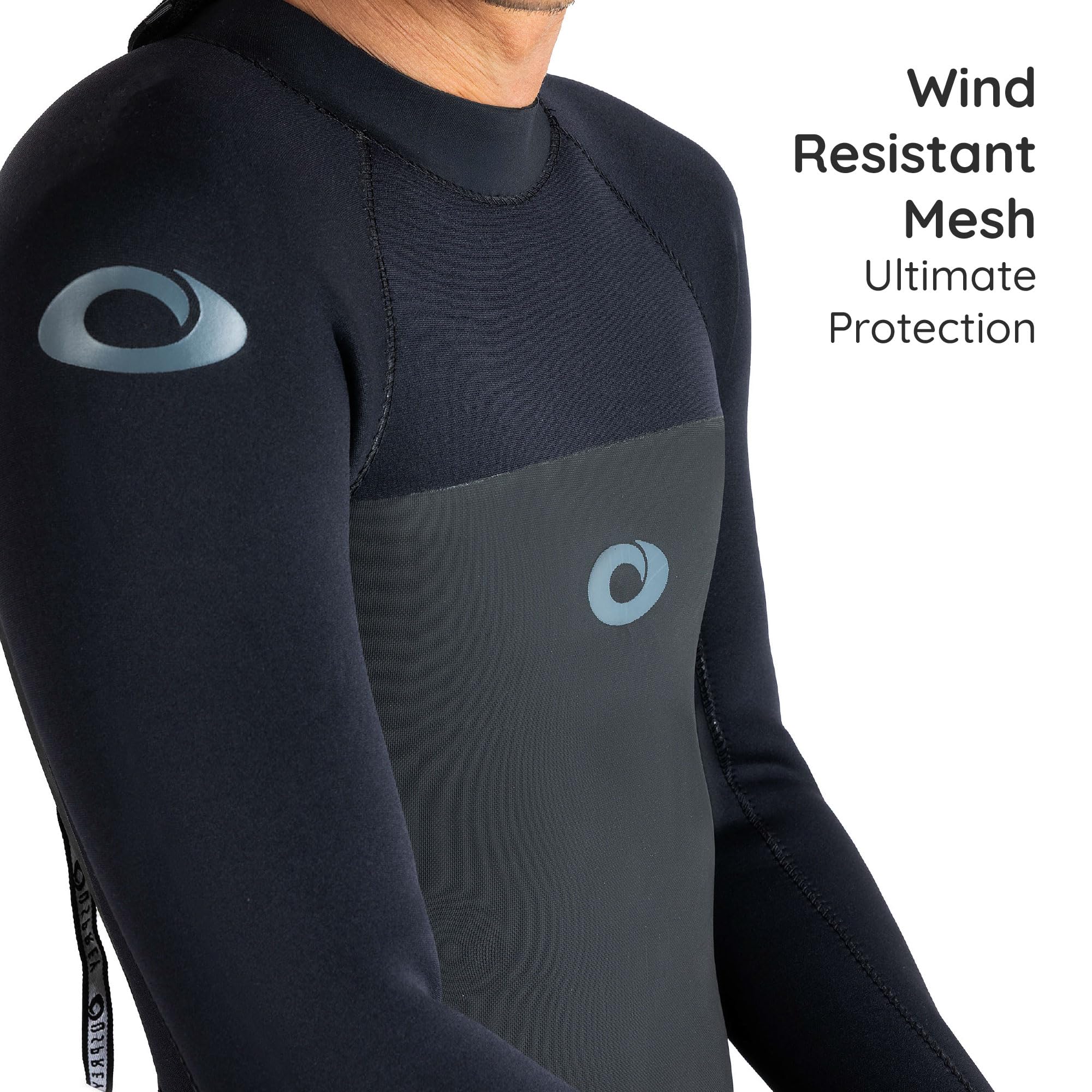 Black and gray wetsuit with brand logo on a white background