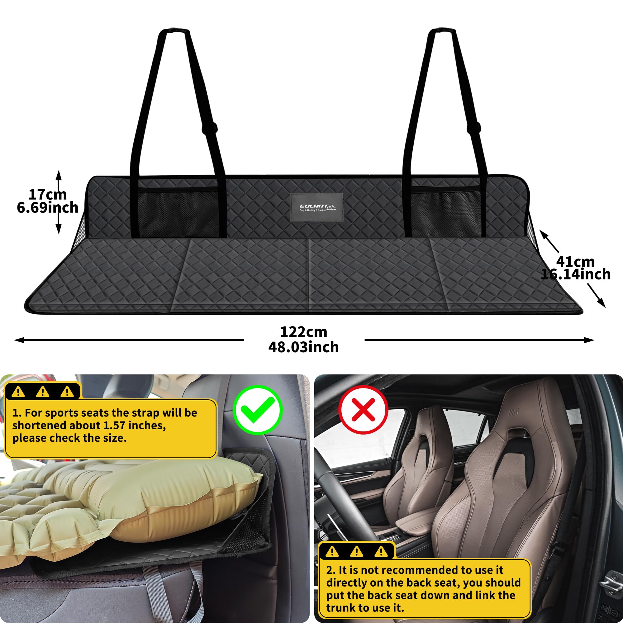 Car seat cover with dimensions and usage instructions on a white background