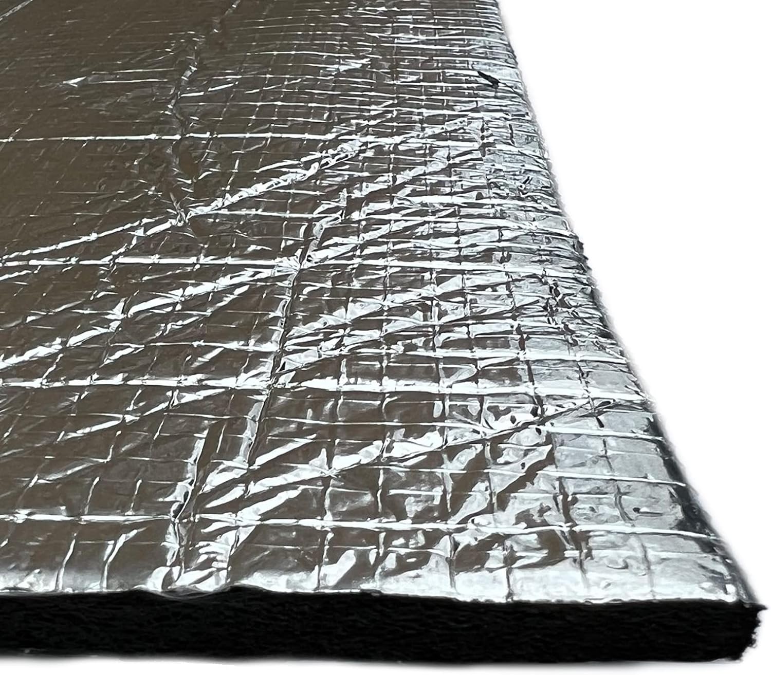 Metallic reflective insulation sheet on a white background