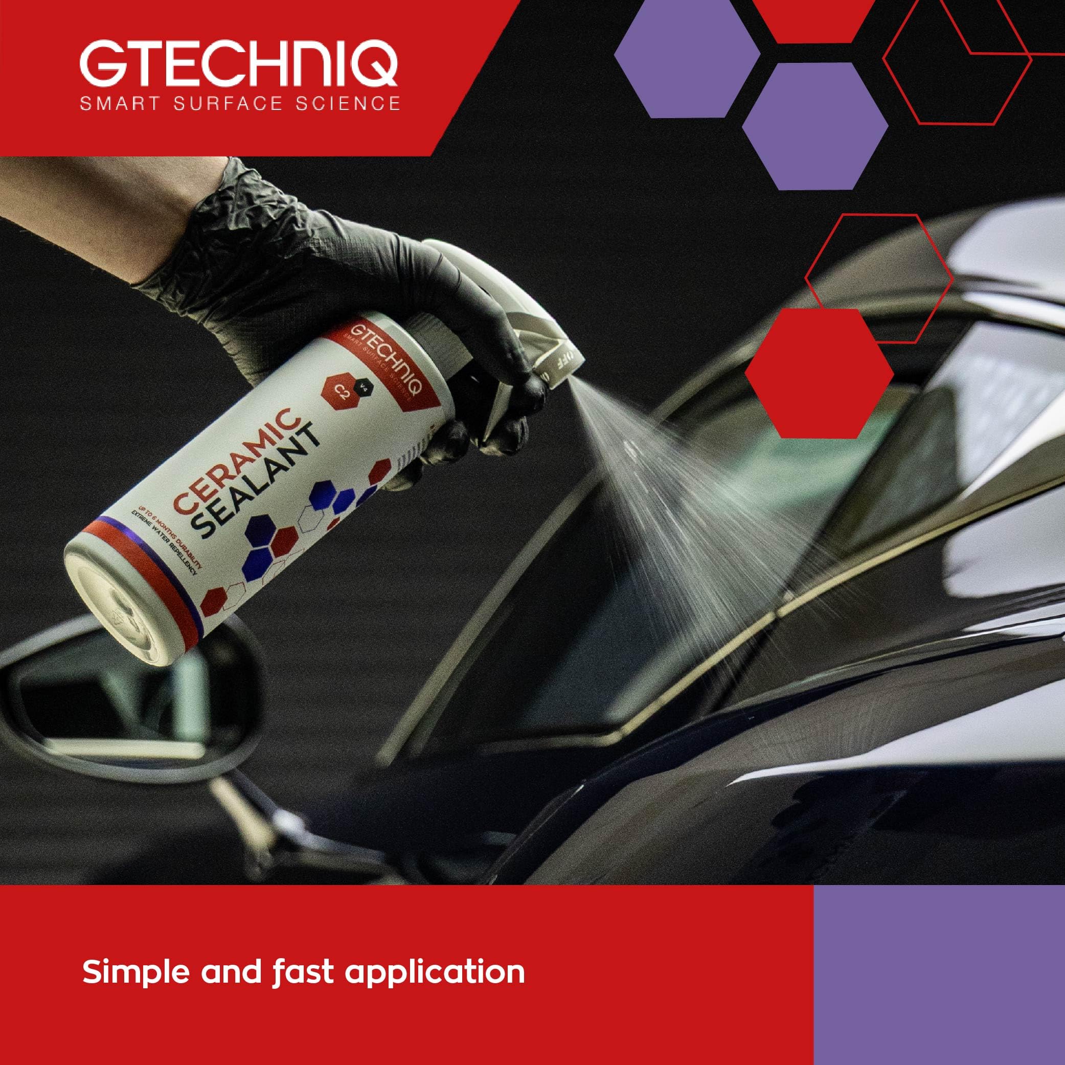 Gtechniq ceramic sealant can being sprayed onto a car surface with brand logo and text.