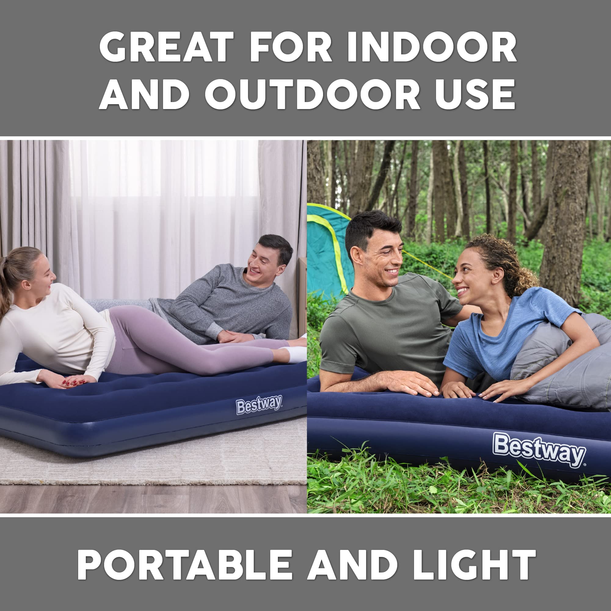 Inflatable mattress used by people indoors and outdoors with text 'Great for indoor and outdoor use' and 'Portable and light'.