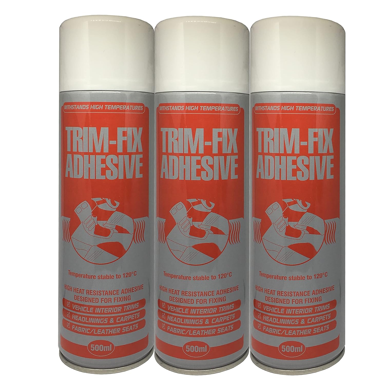 Three cans of Trim-Fix Adhesive on a white background