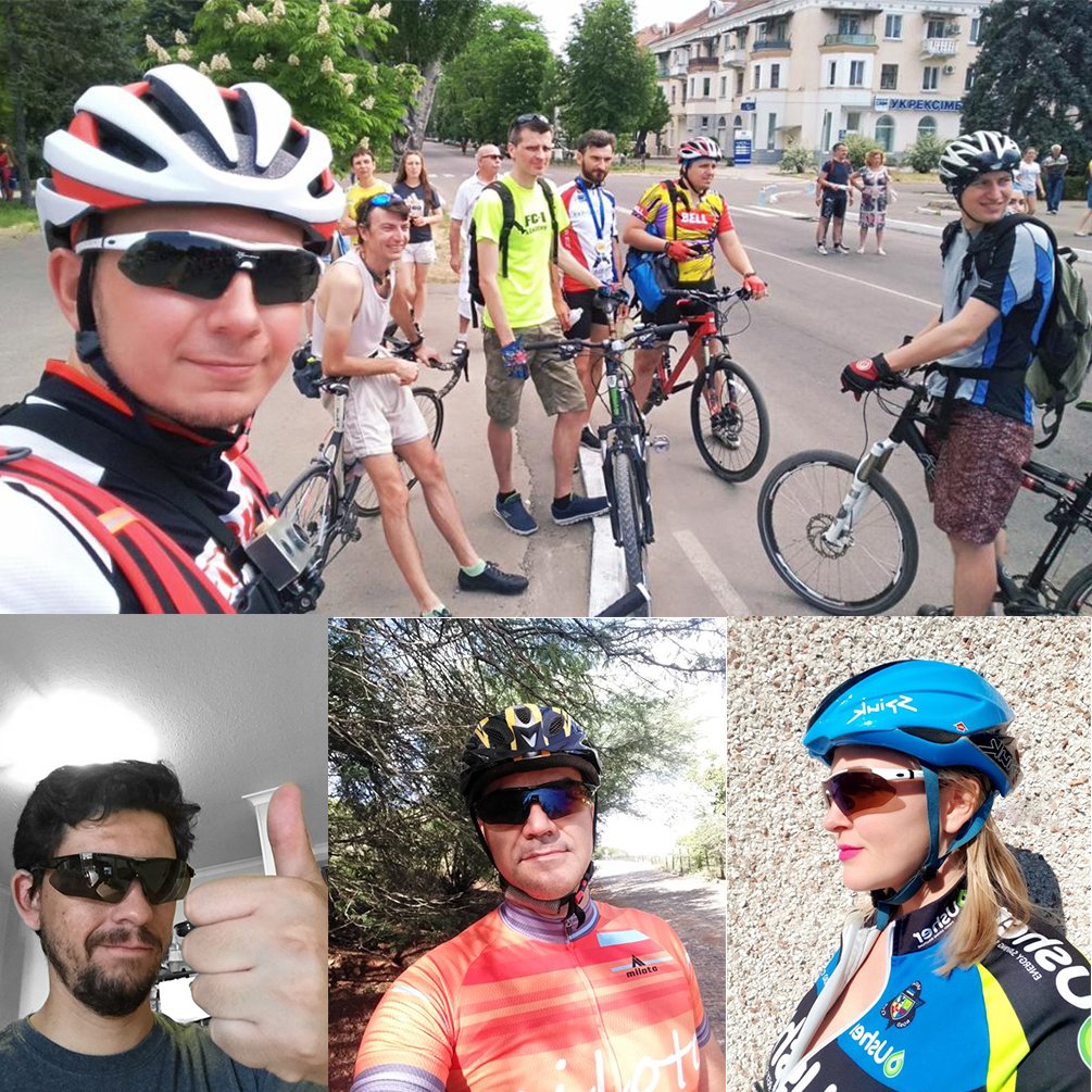Collage of people cycling outdoors with helmets and sunglasses.