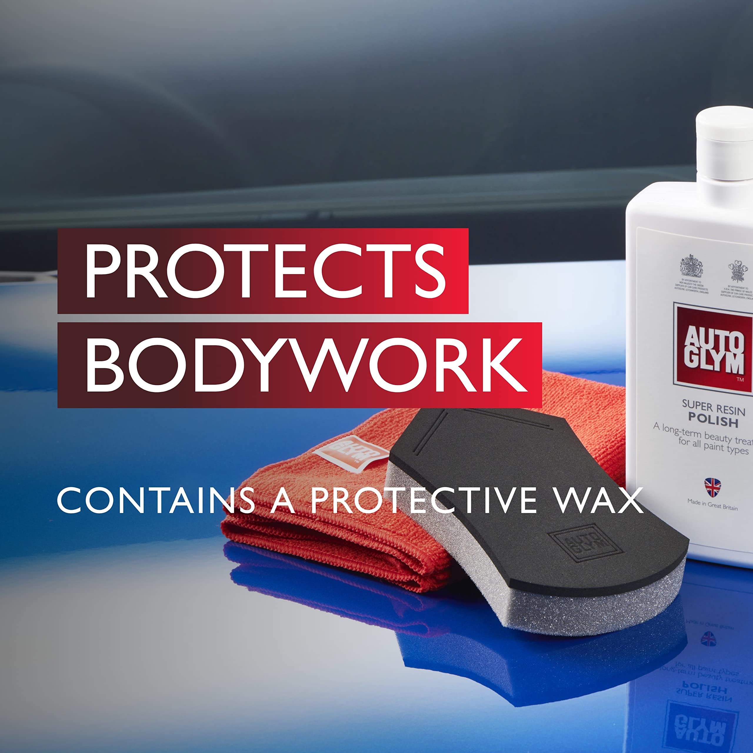 Automotive care products including a bottle and polishing tools on a reflective surface with text about bodywork protection.
