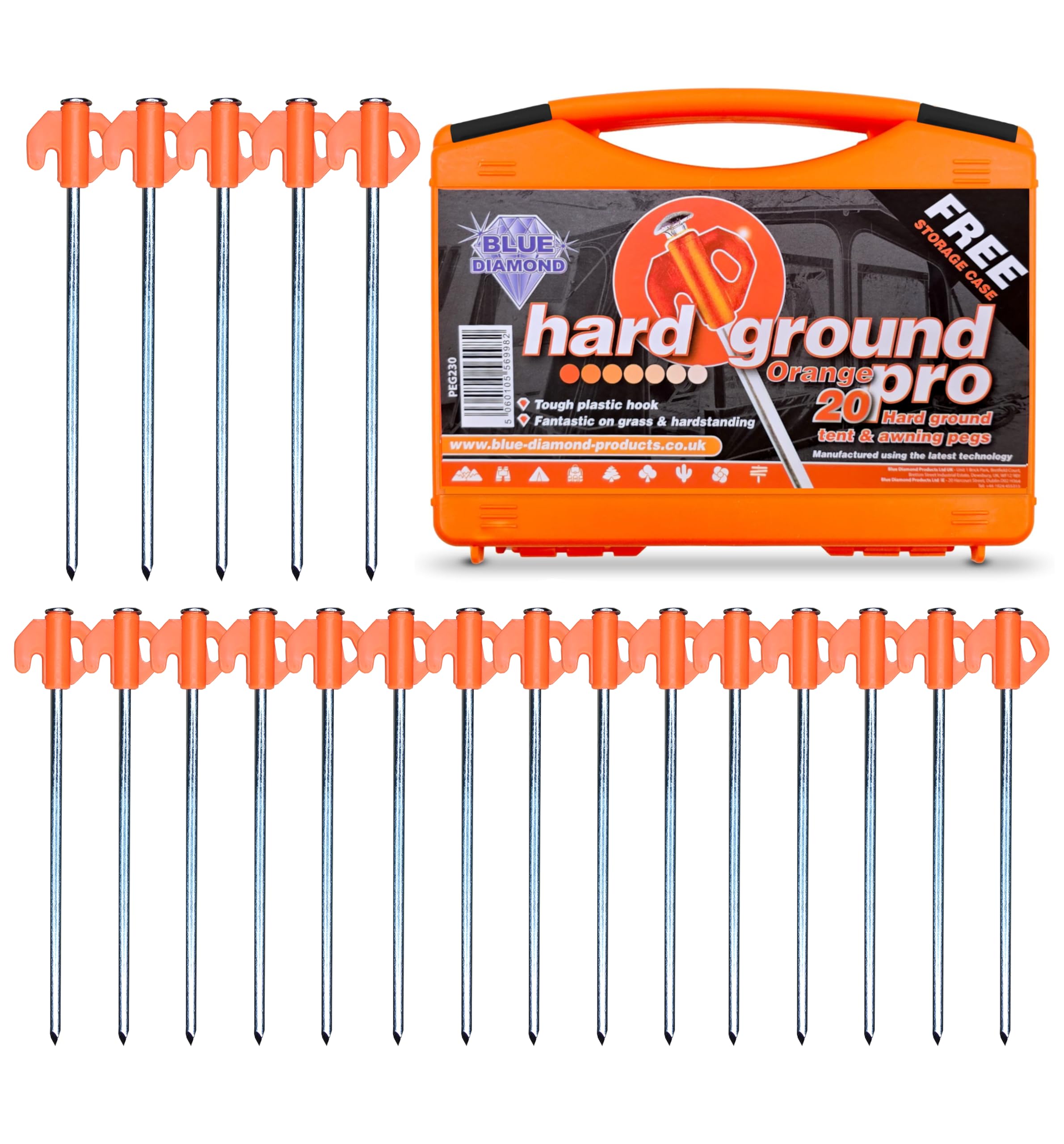 Orange hard ground pro tent stakes with carrying case on a white background