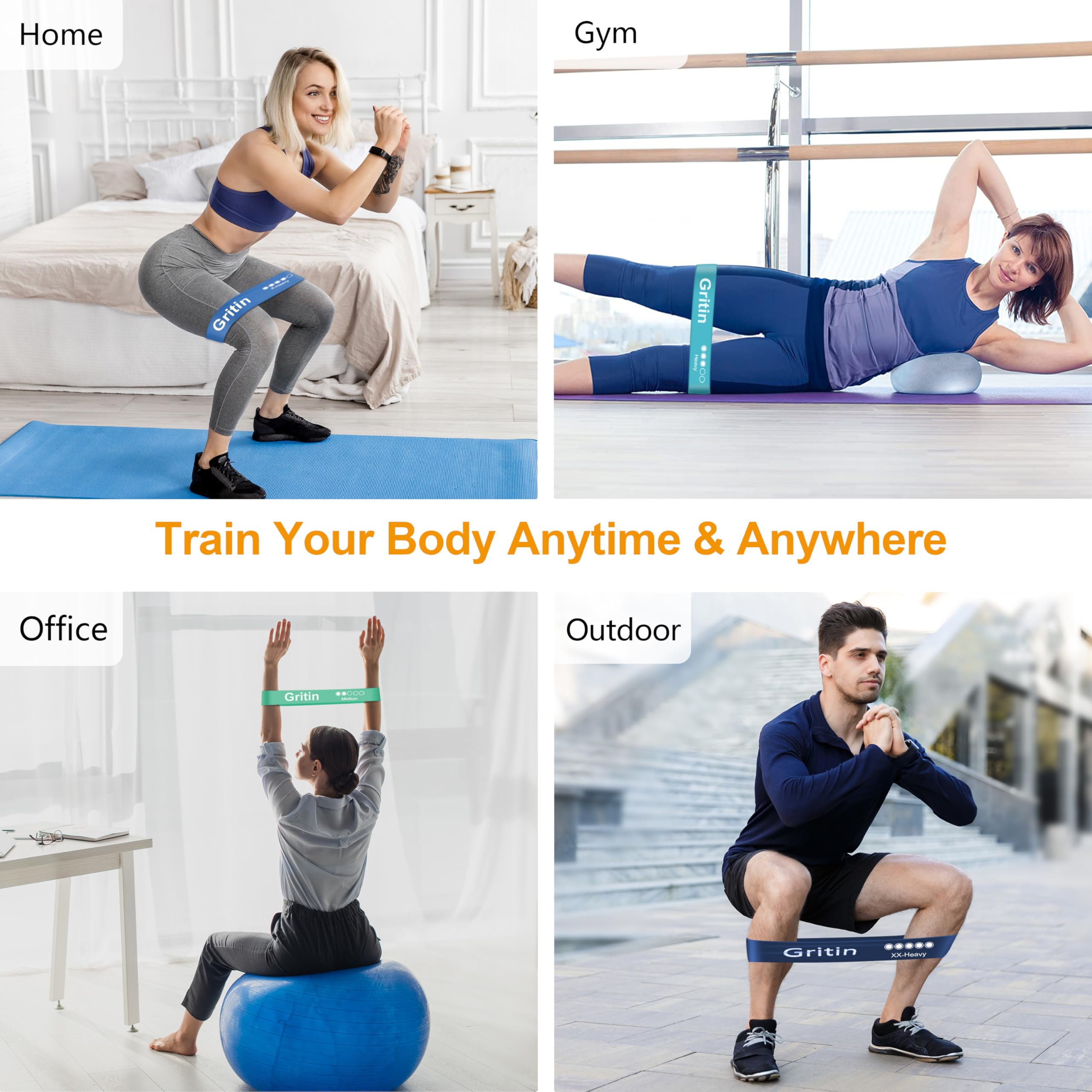 Four different scenarios showing people using resistance bands: home, gym, office, and outdoor.