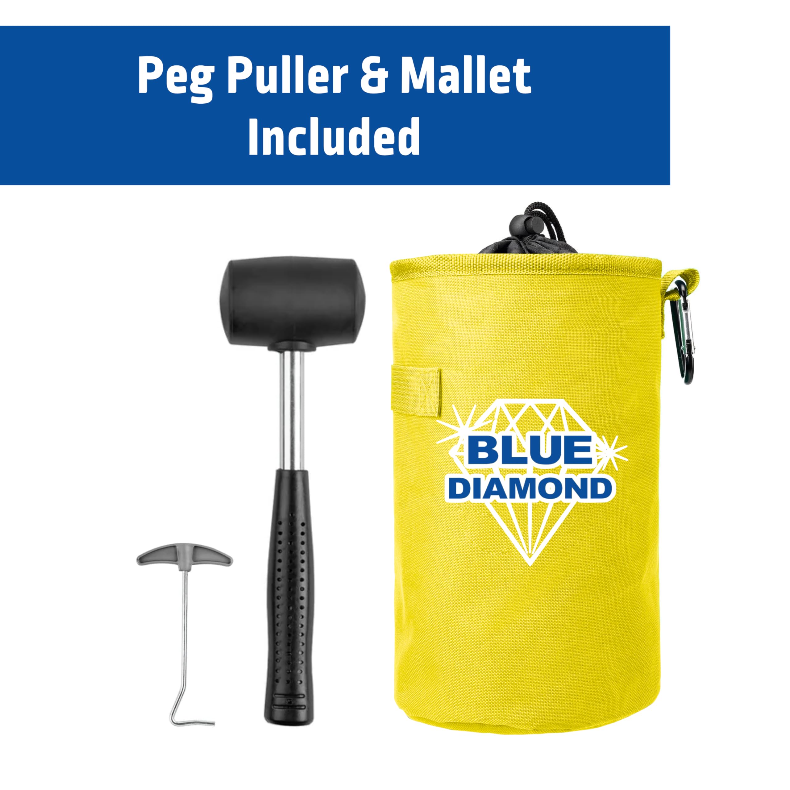 Yellow bag with Blue Diamond logo, peg puller, and mallet on a white background