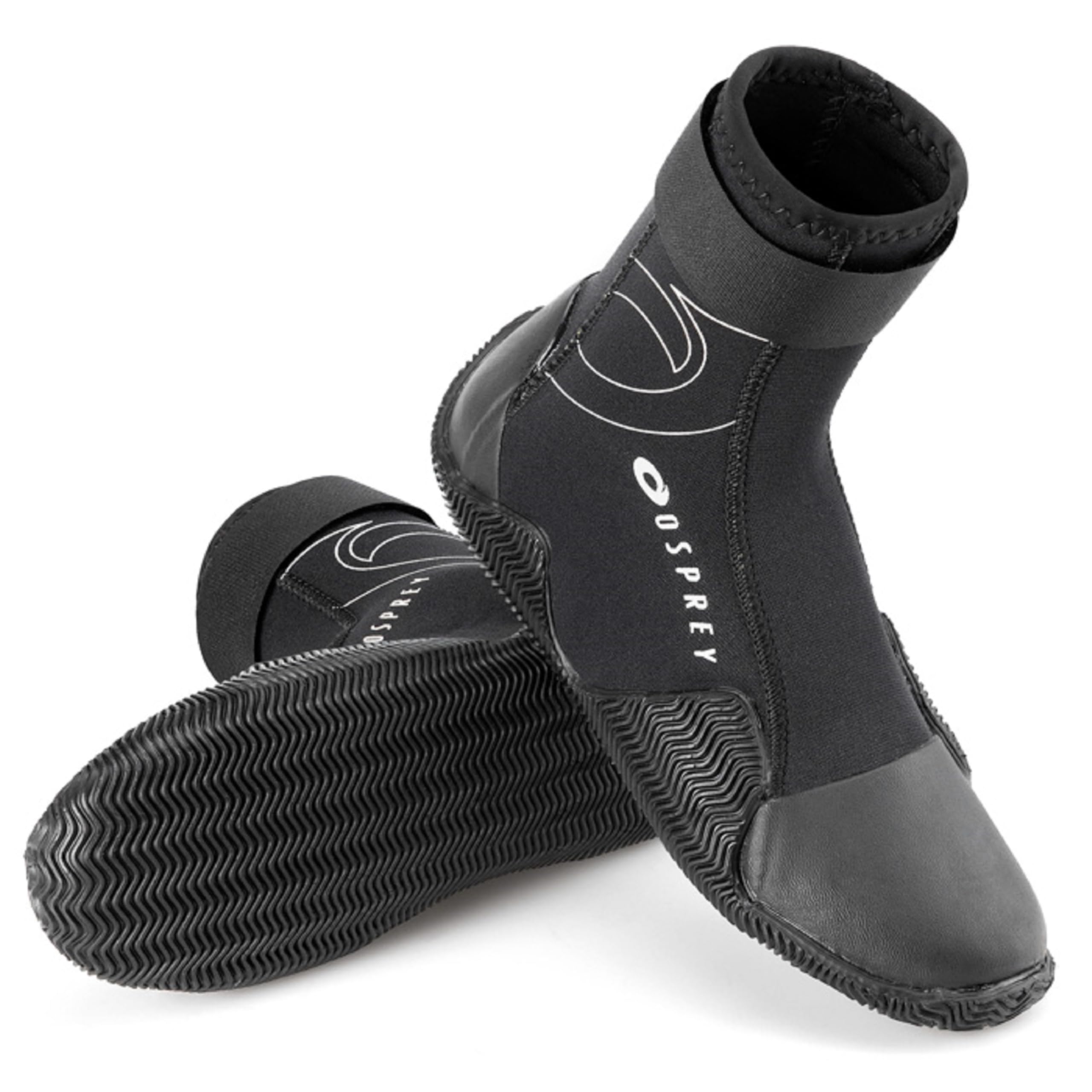 Black diving boots with Osprey branding on a white background