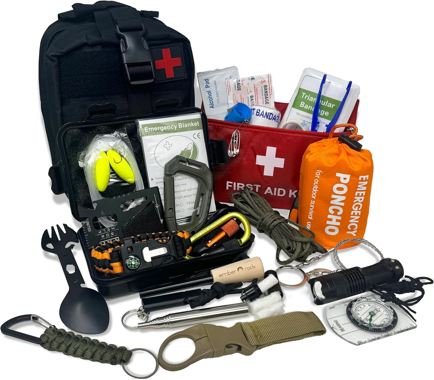 Collection of emergency supplies including a first aid kit, poncho, and various tools on a white background.