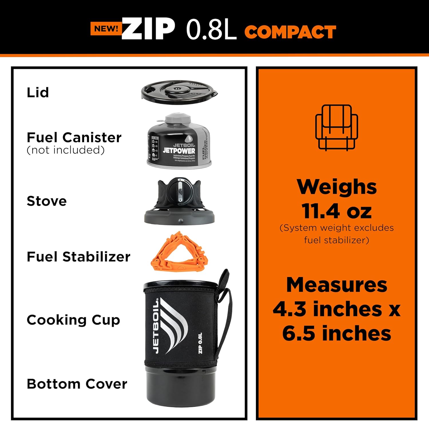 Jetboil Zip 0.8L compact camping stove kit with component list and weight measurement details.