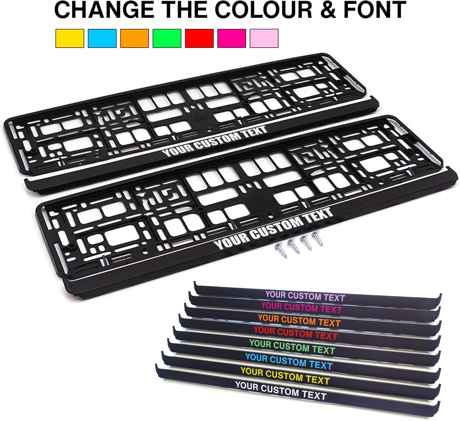 Two black license plate frames with customizable text and a set of colorful text samples on a white background.