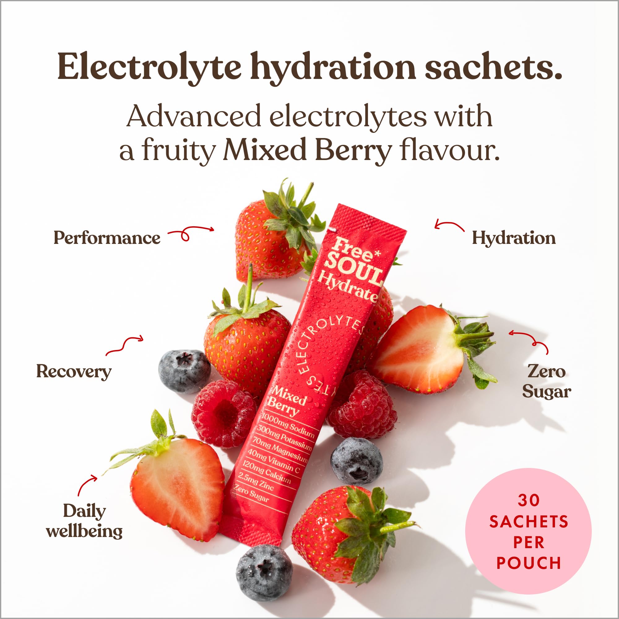 Electrolyte hydration sachets with mixed berries on a white background