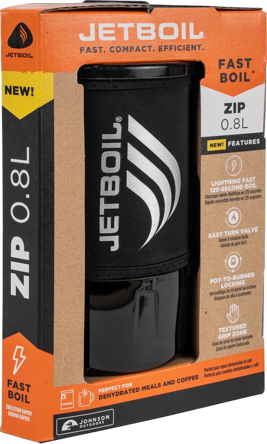Jetboil Zip 0.8L camping stove packaging with black stove and orange and brown box.
