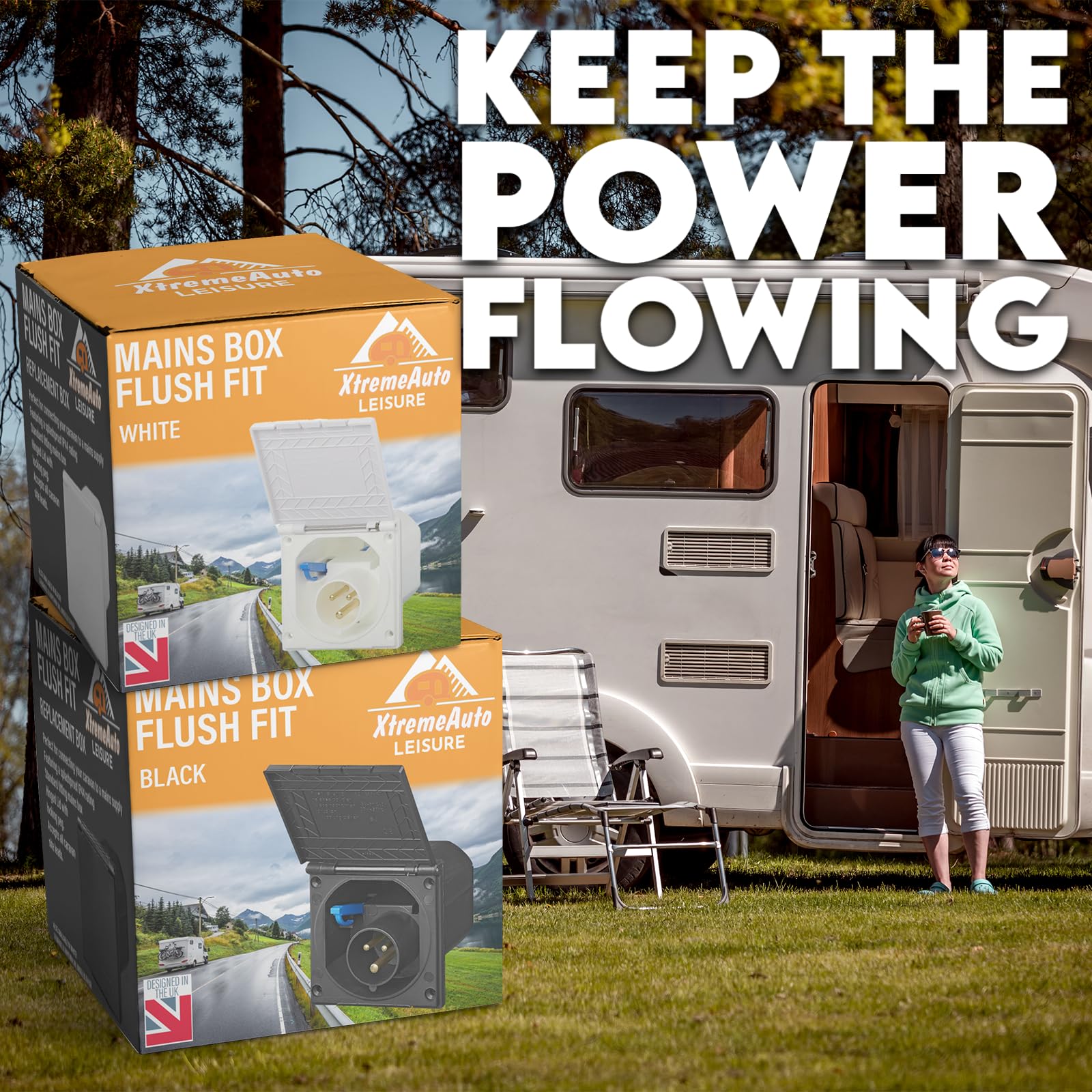 XtremeAuto Leisure power supply boxes with a caravan in the background and 'Keep the Power Flowing' text.