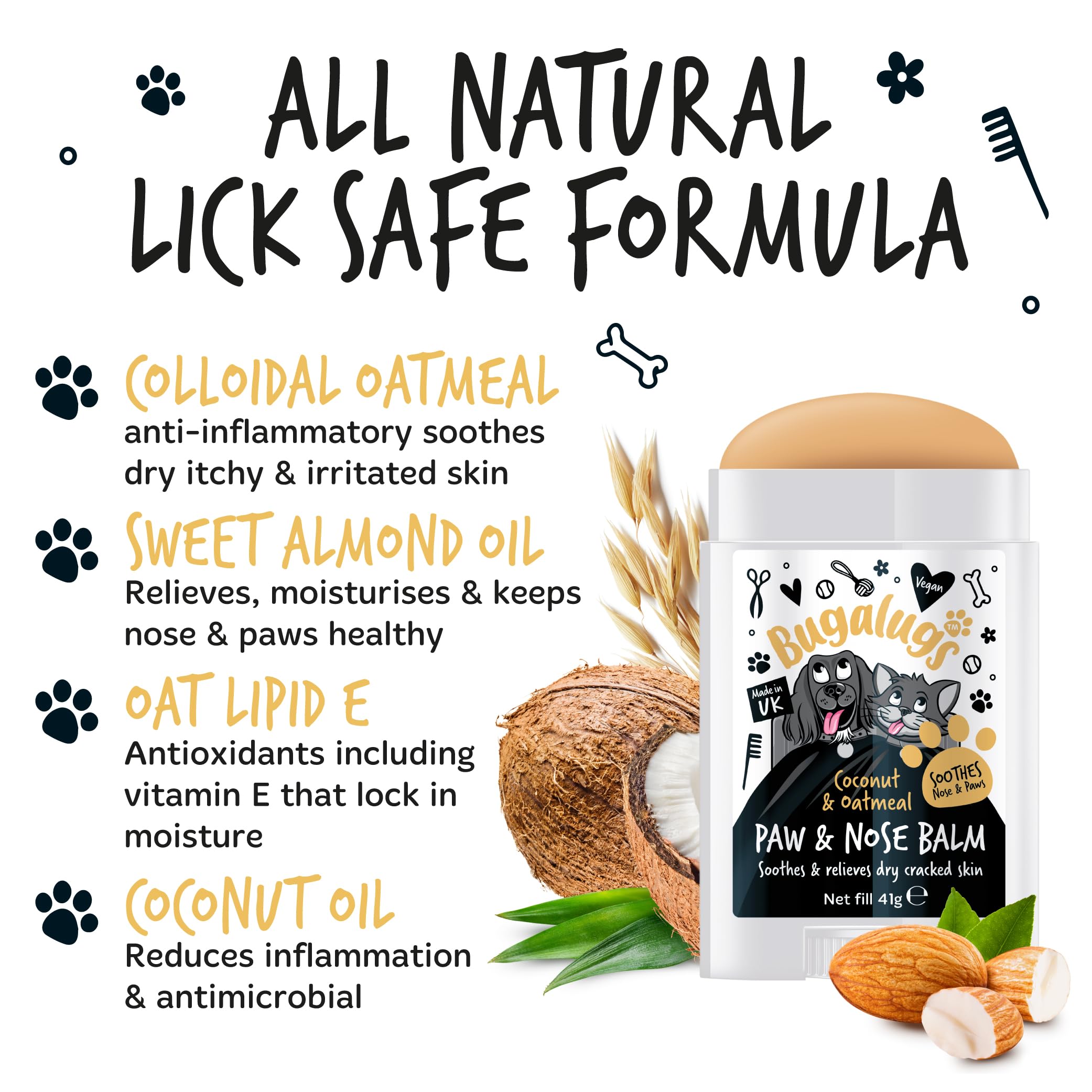 Bugaluggs coconut and oatmeal paw and nose balm packaging with natural ingredients listed on a white background.