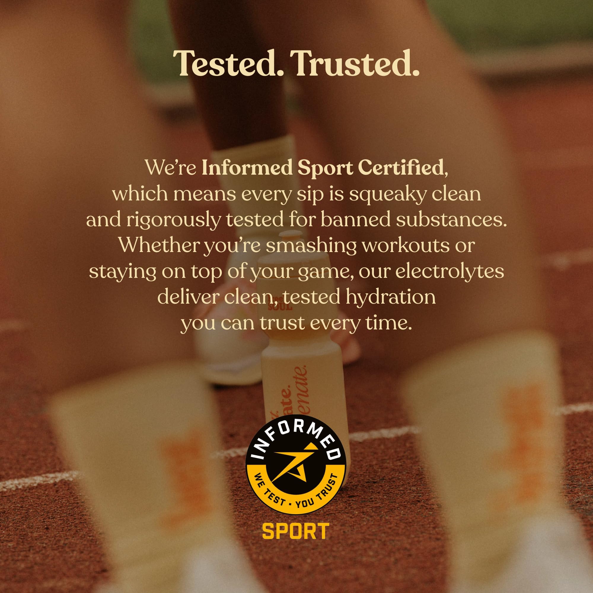 Person exercising on a treadmill with a sports drink container and text about Informed Sport certification.
