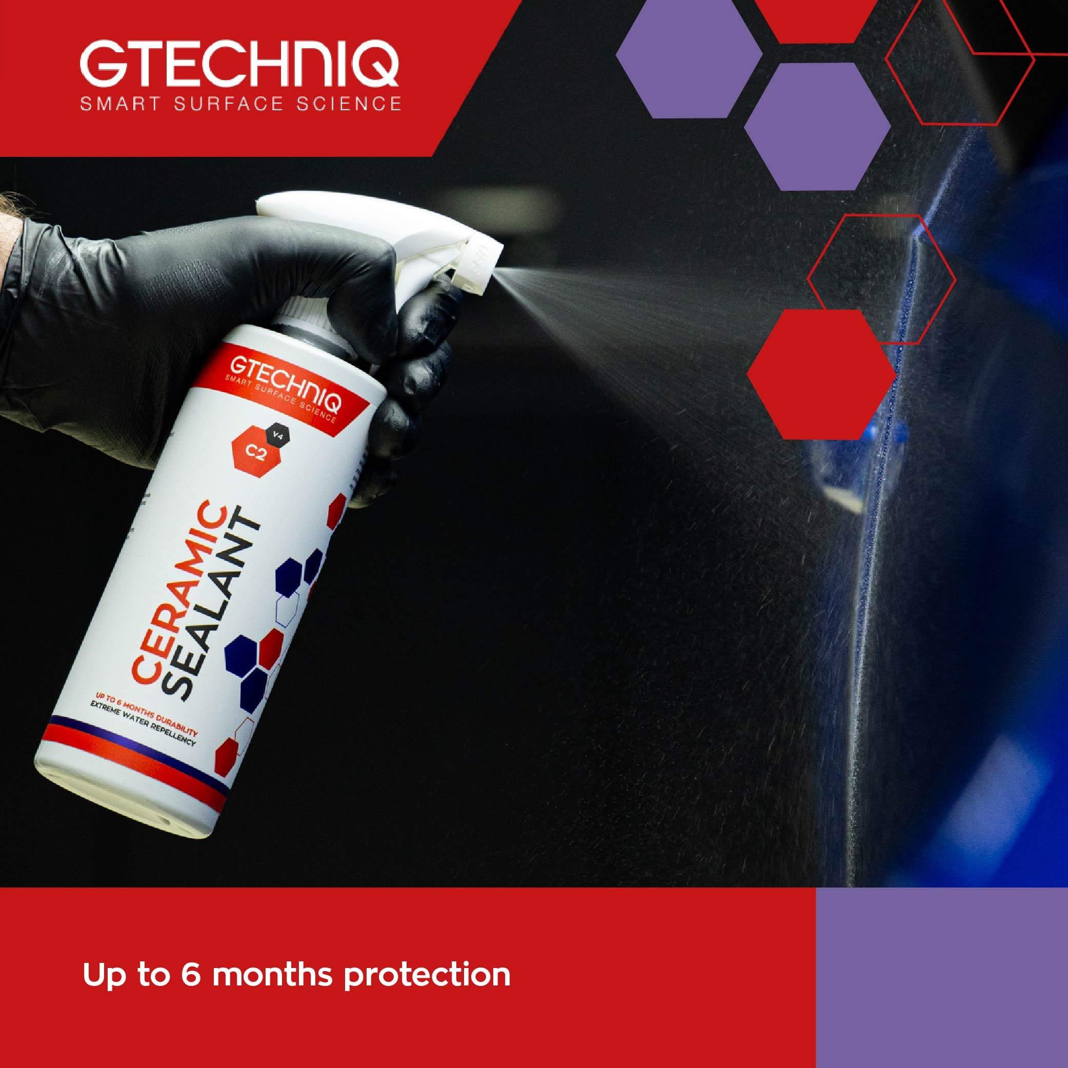GTechniq ceramic sealant can being sprayed on a car surface with brand logo and product details.