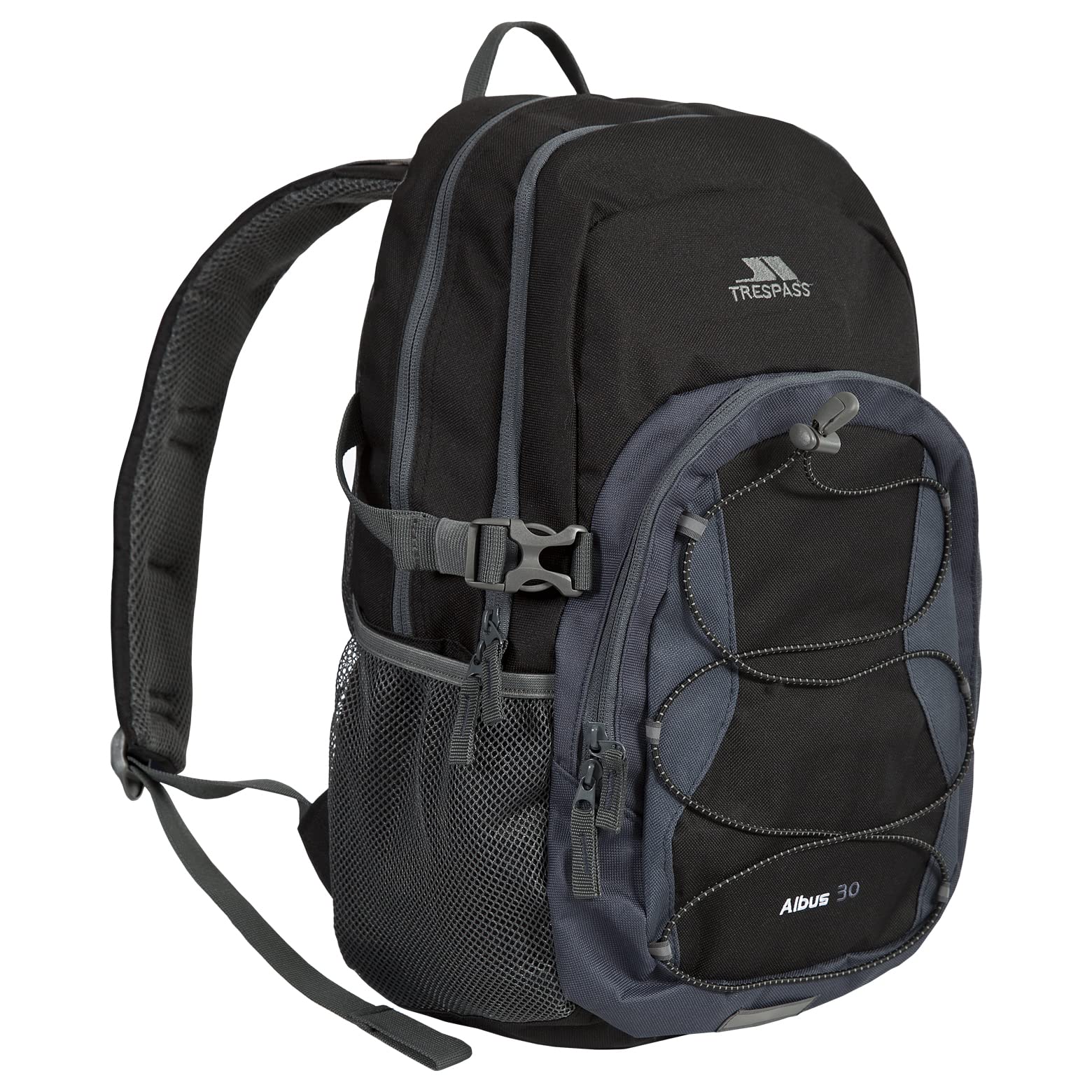 Black and gray backpack with Trespass branding on a white background