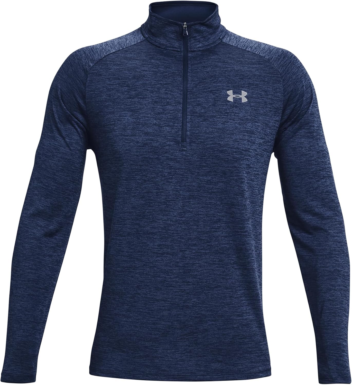 Blue long-sleeve athletic shirt with a brand logo on a white background