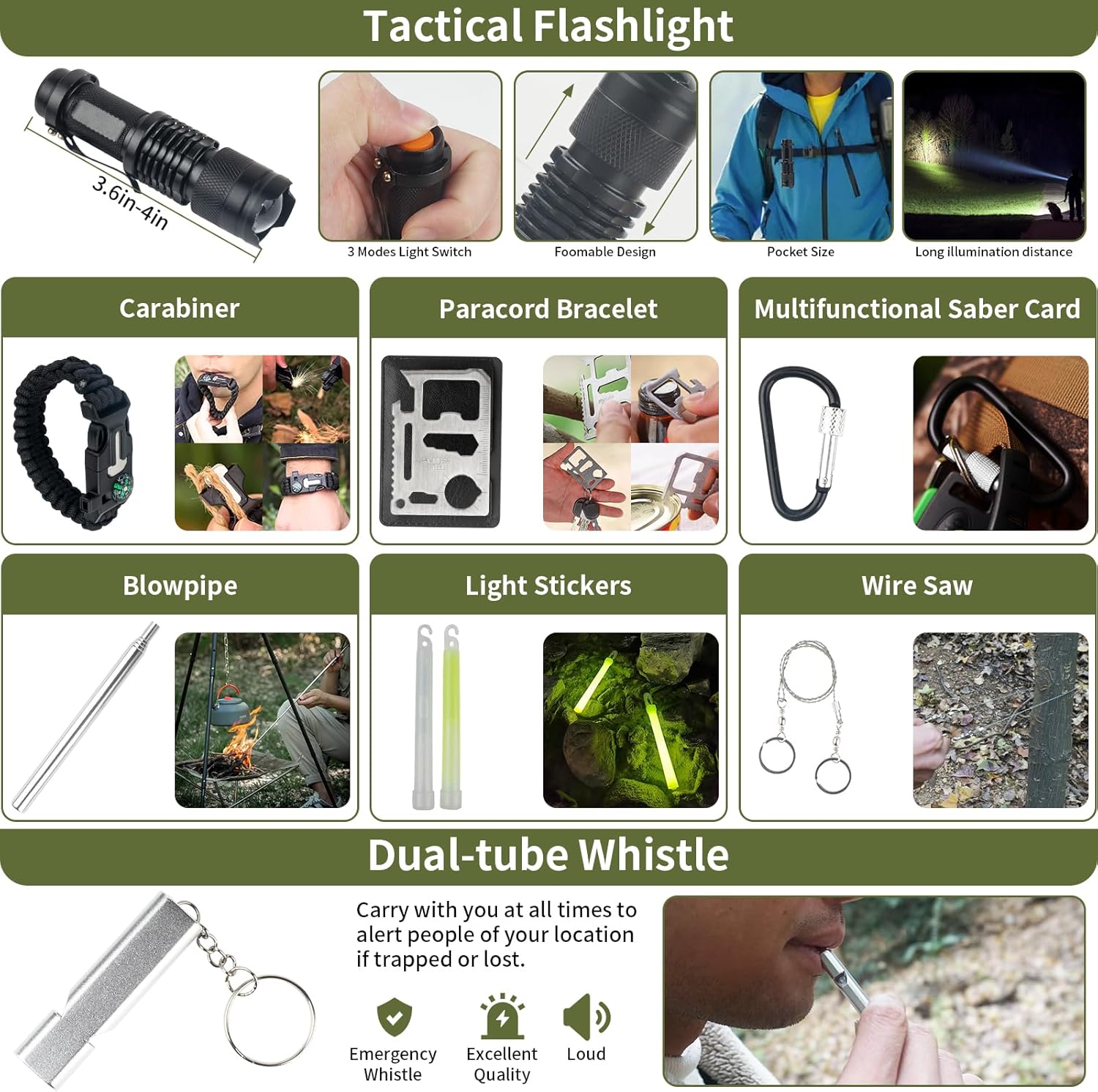 Collection of tactical gear including a flashlight, carabiner, paracord bracelet, and other survival tools on a green background.