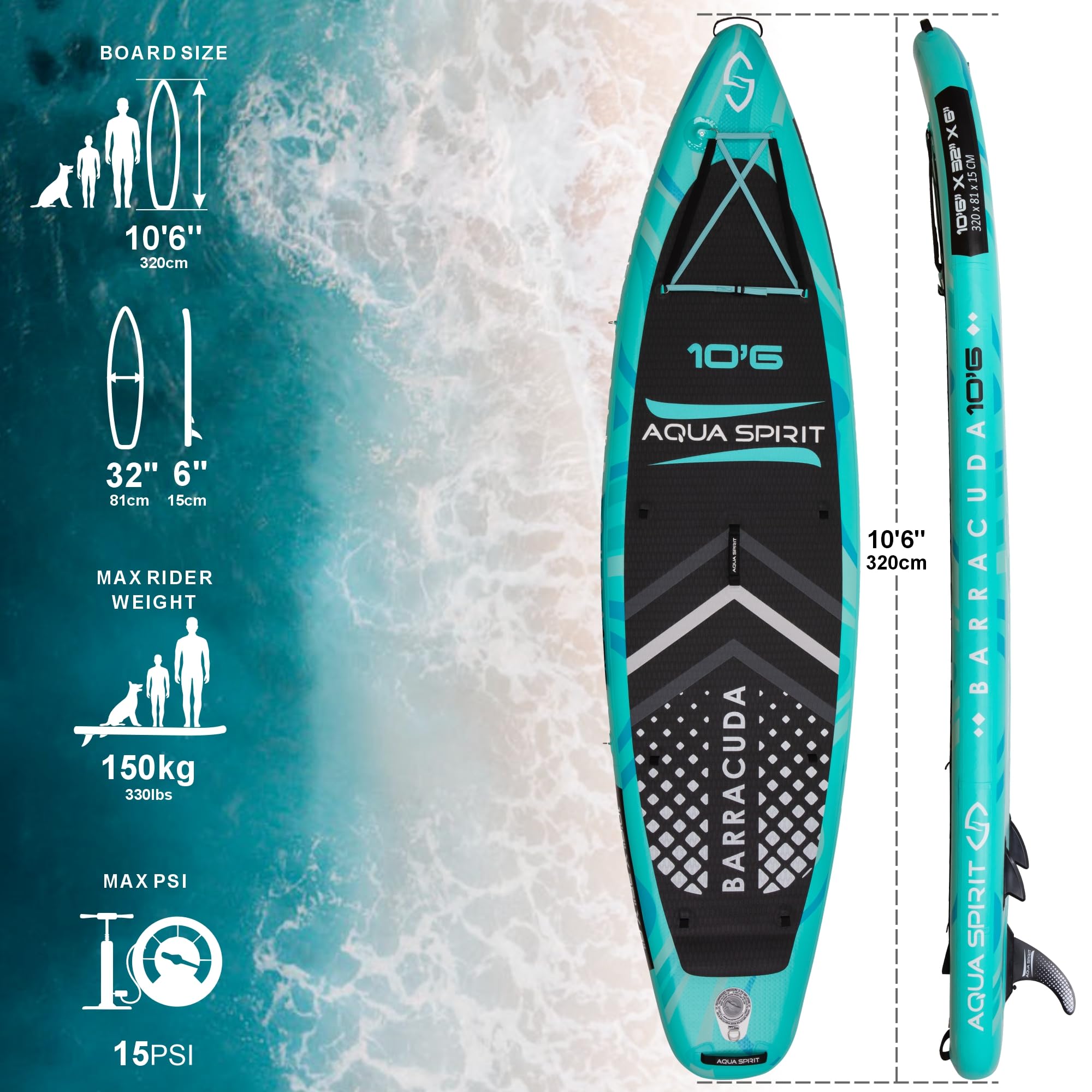 Teal and black Barracuda Aqua Spirit paddleboard with measurements and specifications on a wave background